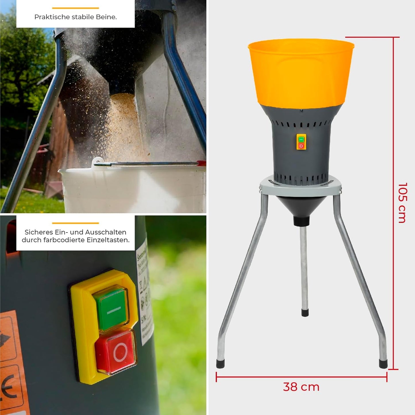 Elektrische Getreidemühle 1300W mit 5 Sieben, mit Standfuss