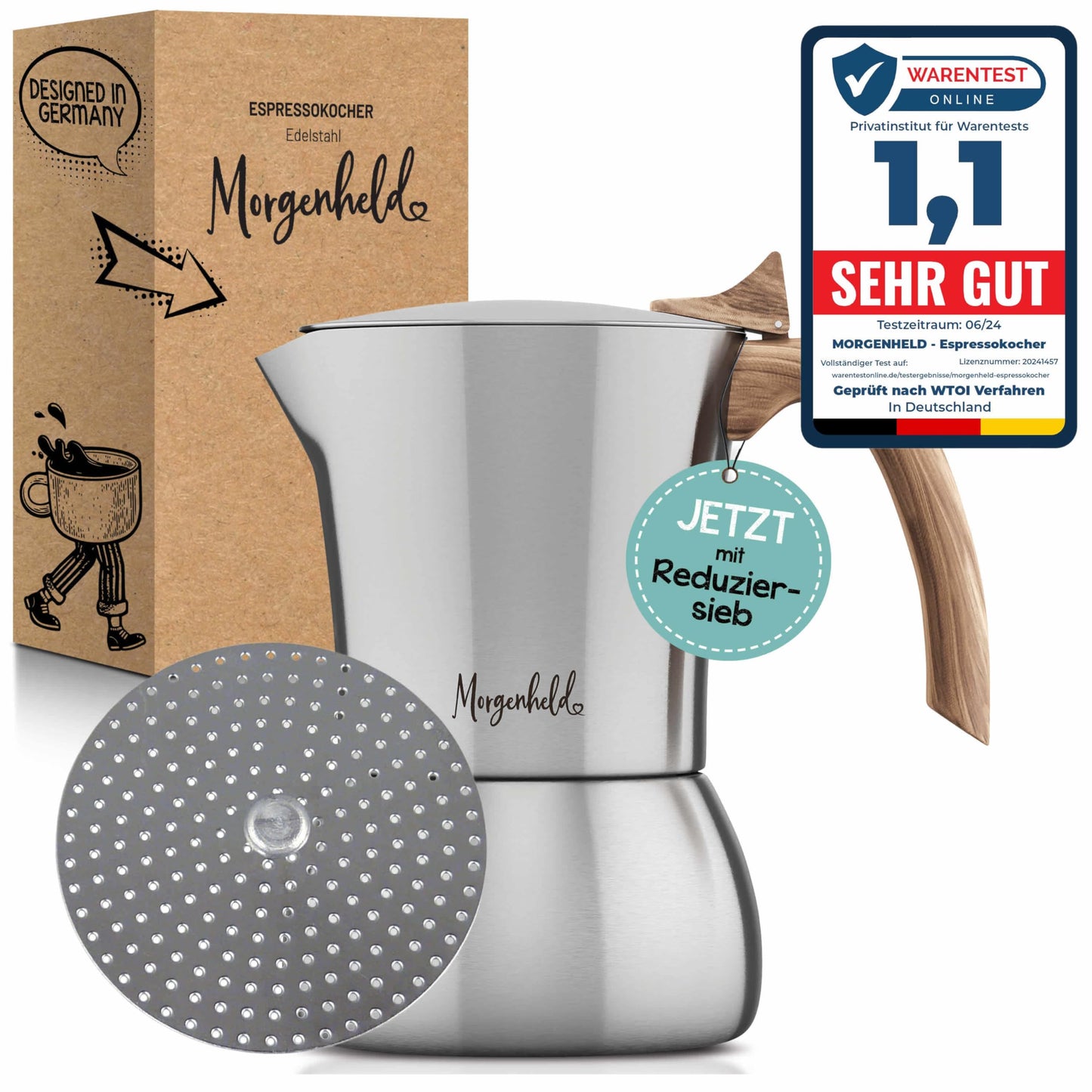Flow Espressokocher mit Reduziersieb, Espressomaker FLOW 300ml + Sieb