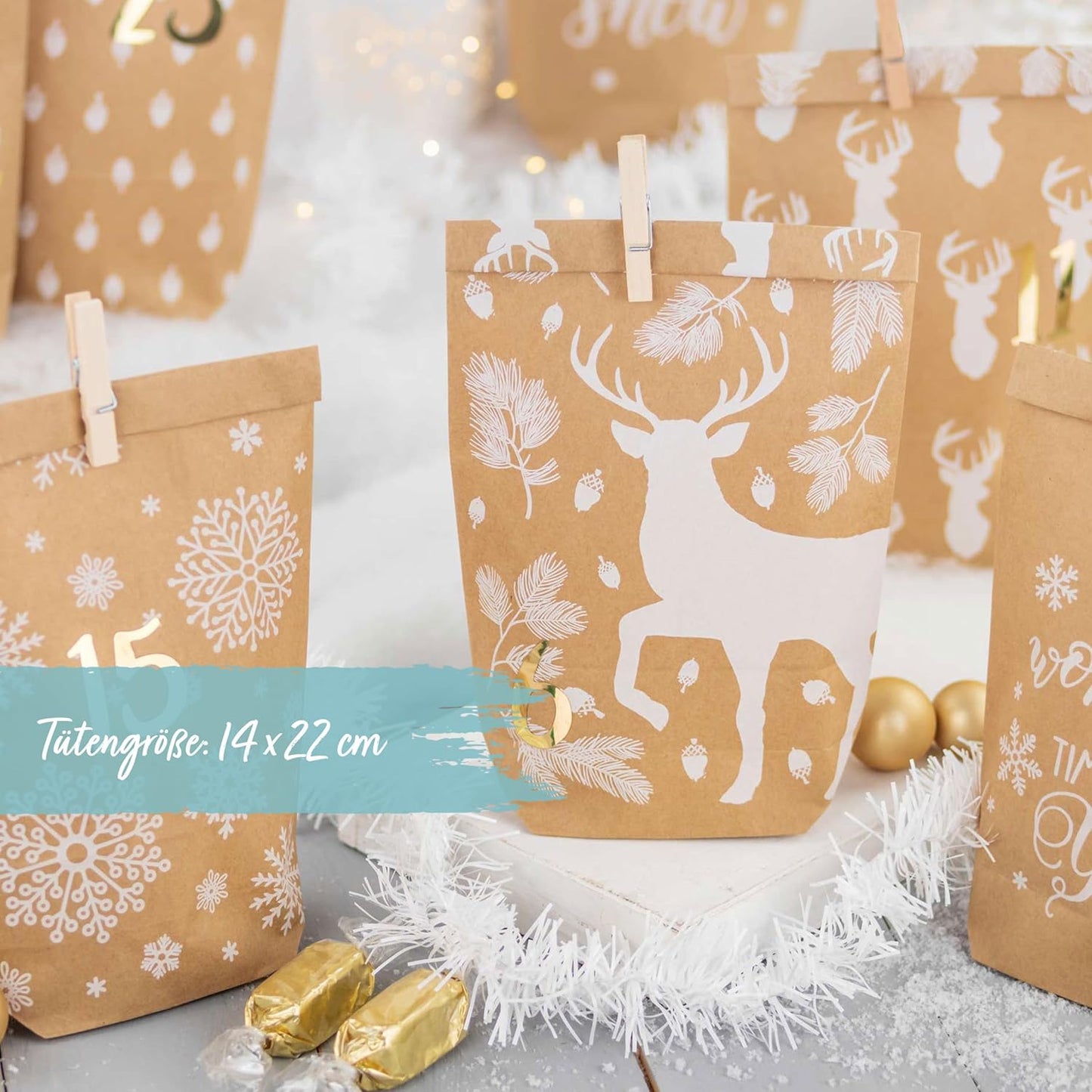 Adventskalender DIY-Papierbeutel, Packpapier-weiss