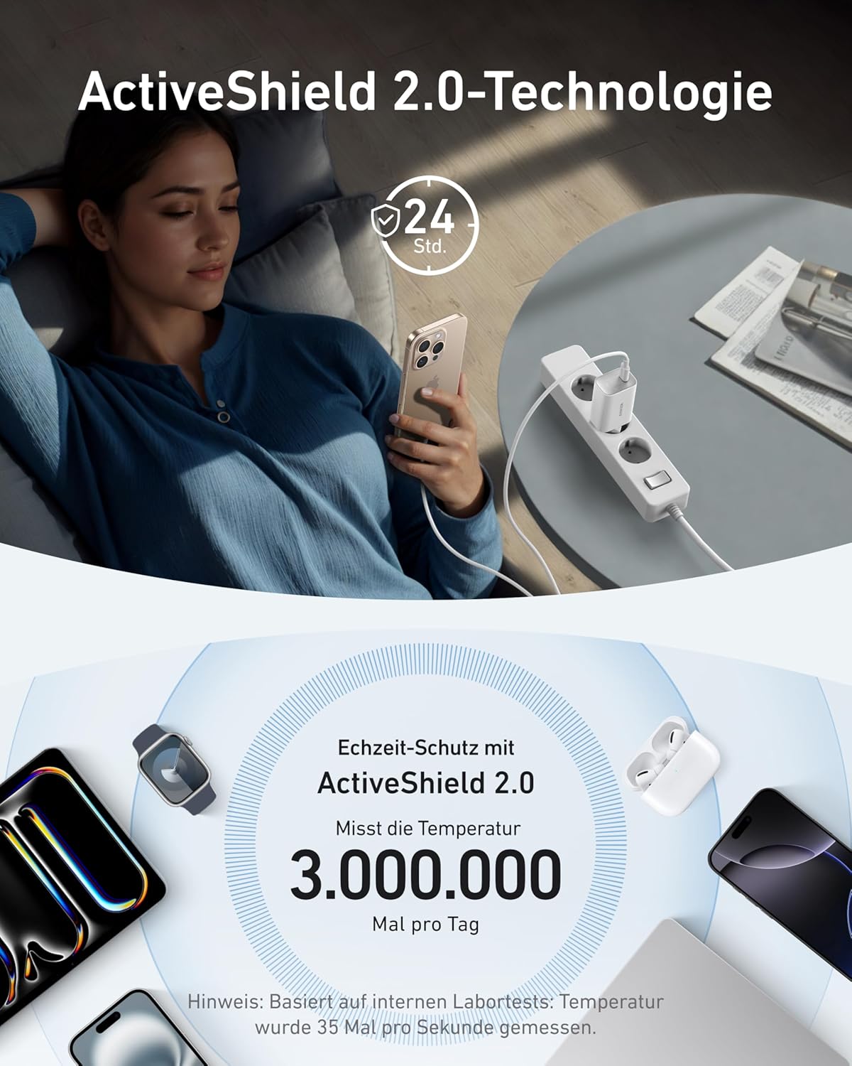 Nano USB-C Ladegerät mit 1,8m Kabel, Schwarz
