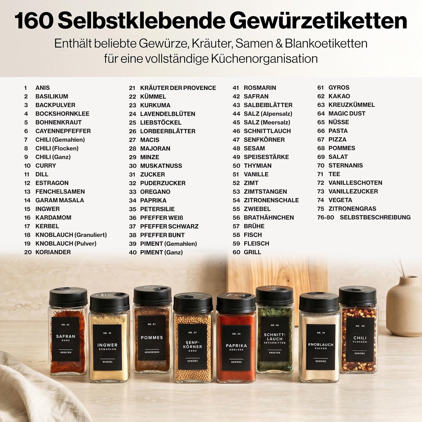 Gewürzgläser-Set mit verstellbarem Deckel, 12x200ml Verstellbare Deckel Schwarz
