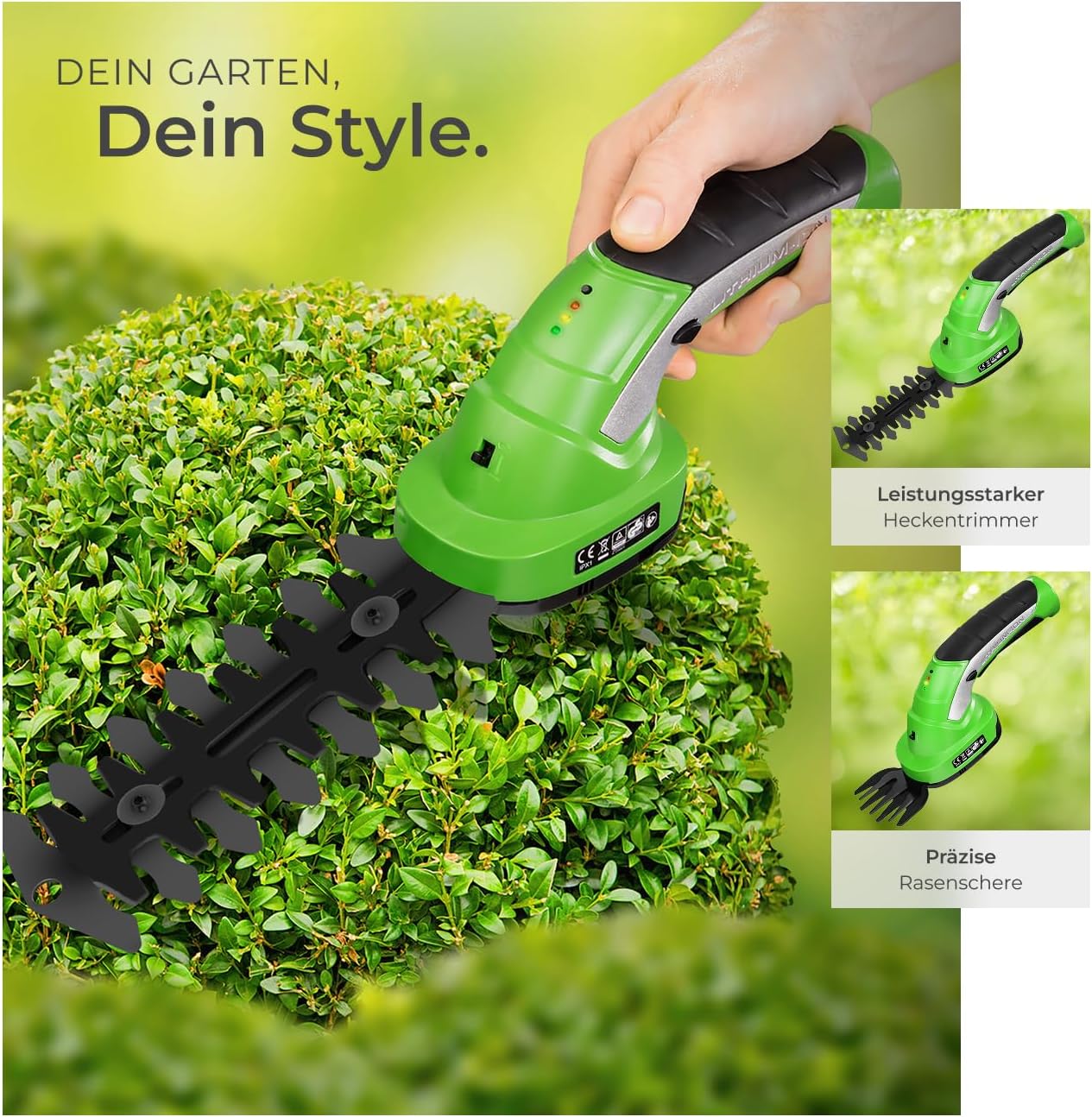 Akku-Heckenschere mit Grasschere und Teleskopstange