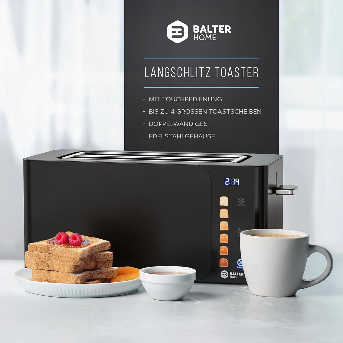 Langschlitztoaster TS-44 mit Touch-Bedienung und LCD Display, Schwarz Touch S