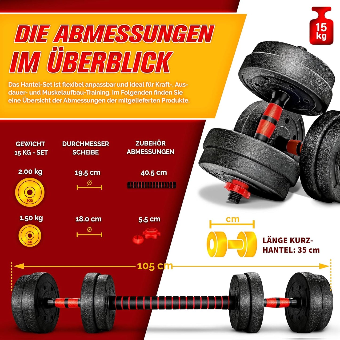 2-in-1 Hantelset verstellbar, 15 kg