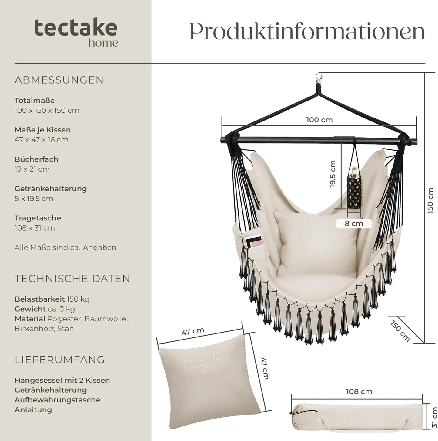 Malika - Hängesessel mit Tabletfach & Getränkehalterung, Beige