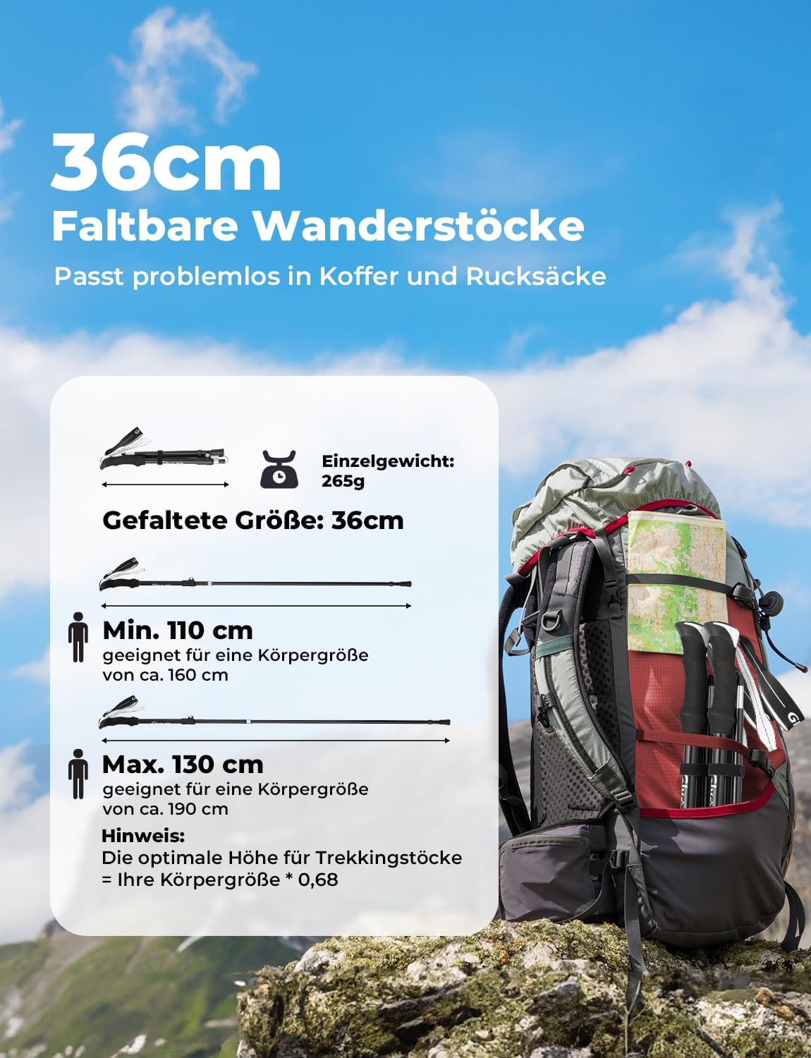 Längenverstellbare Trekkingstöcke, Milchiges Weiss 110-130 cm