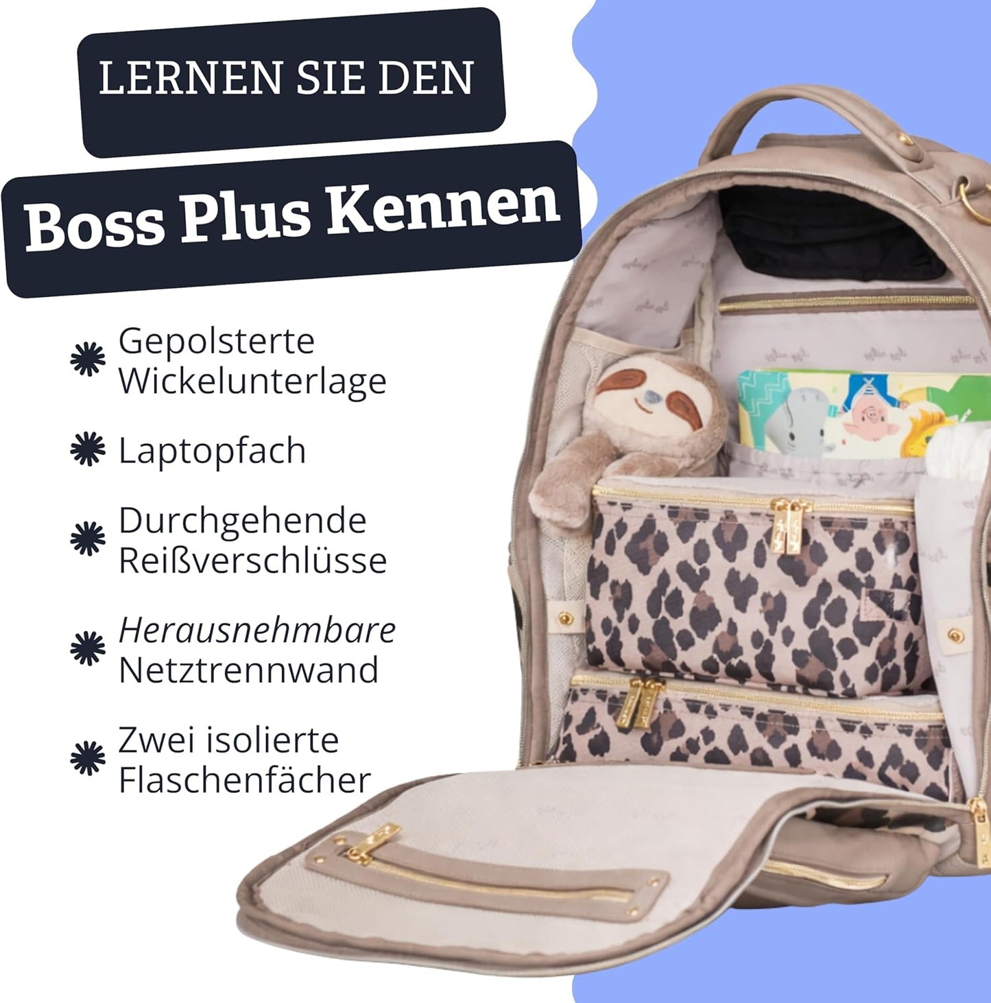 Wickelrucksack mit Wickelunterlage (19 Fächer), Cognac