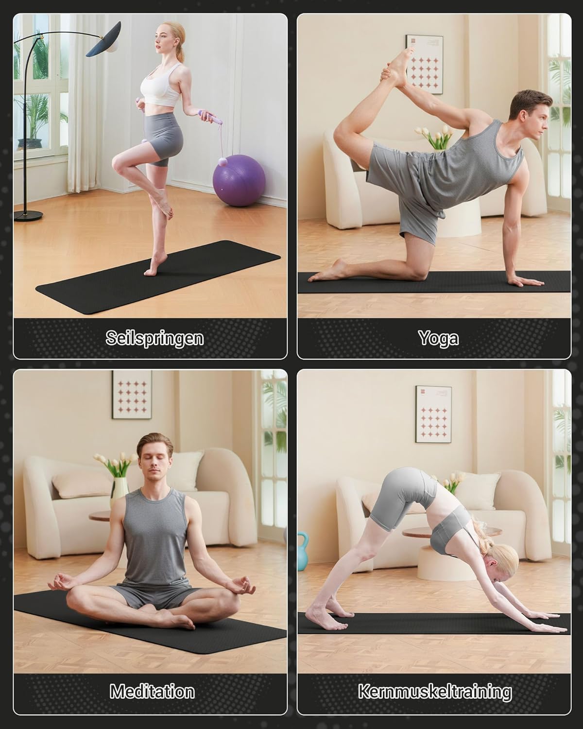 Gymnastik- und Yogamatte mit Tragegurt, Schwarz