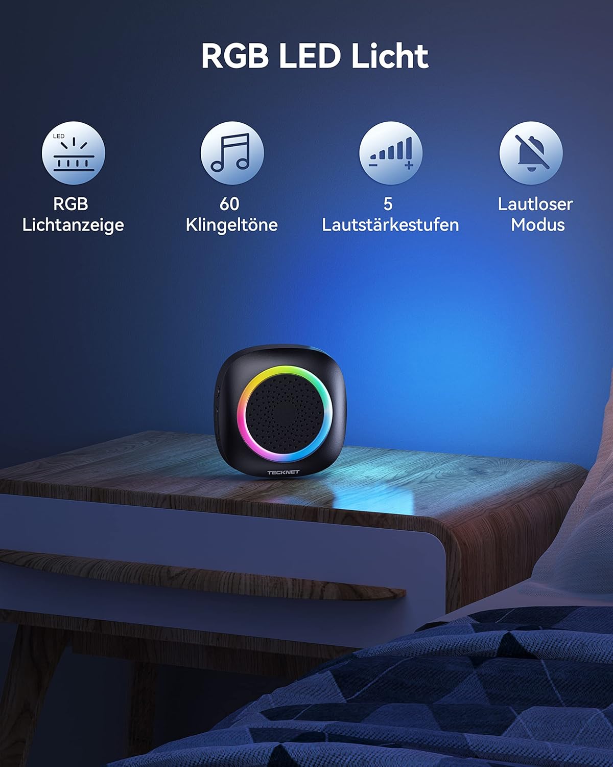Funkklingel-Set mit RGB Licht und 60 Melodien, Batterie verwenden Schwarz