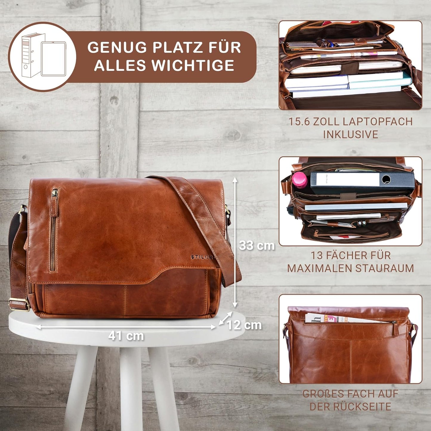 Marlon - Herren Ledertasche, Cognac - Glänzend