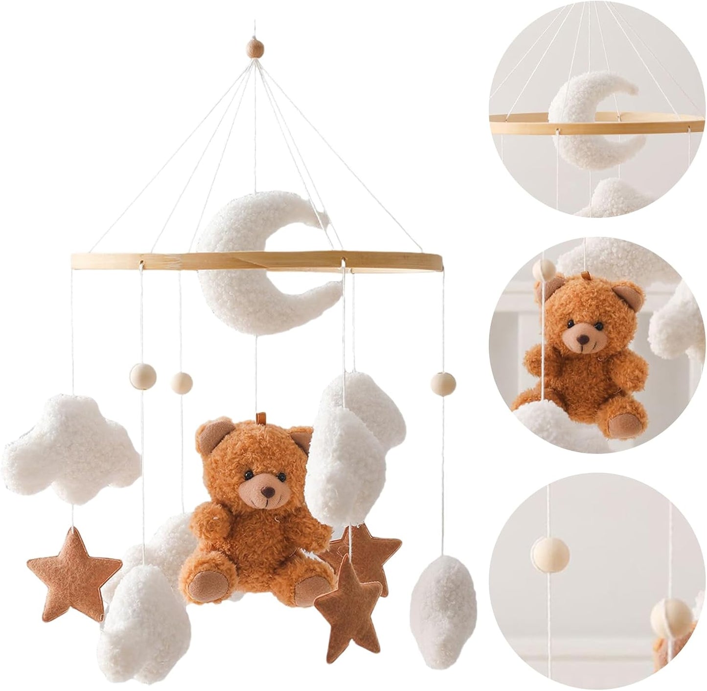 Babybett Mobile mit 3D Bär und Wolken, Braun Bär