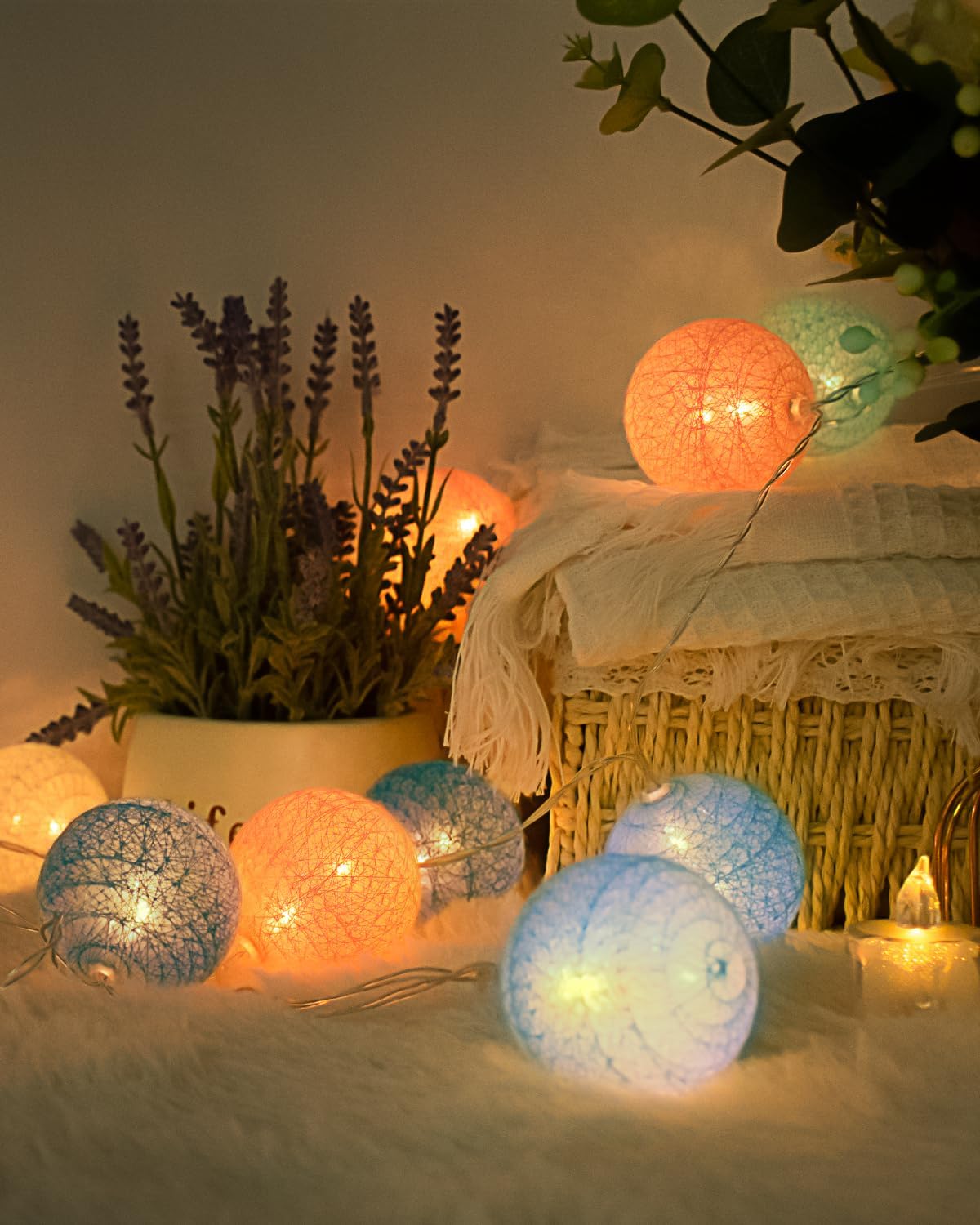 Lichterkette Lampions 20 LED mit Cotton Balls, Batterie Mehrfarbig