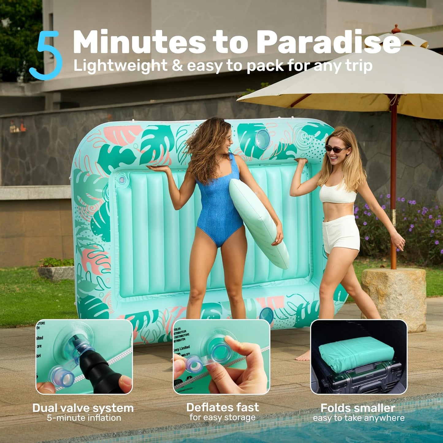 Aufblasbarer 4-in-1 Sonnenliegepool mit Kissen und Getränkehalter, Aquablau Tropisch XL