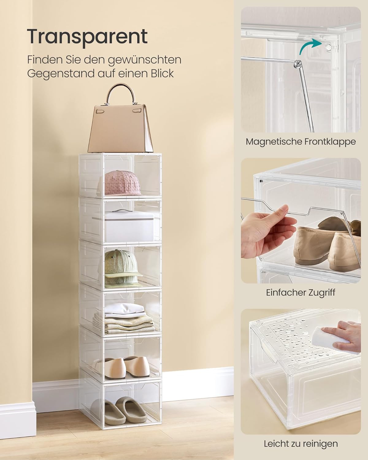 Schuh-Organizer Boxen-Set (6 Stück, stapelbar), Transparentes Weiss 6