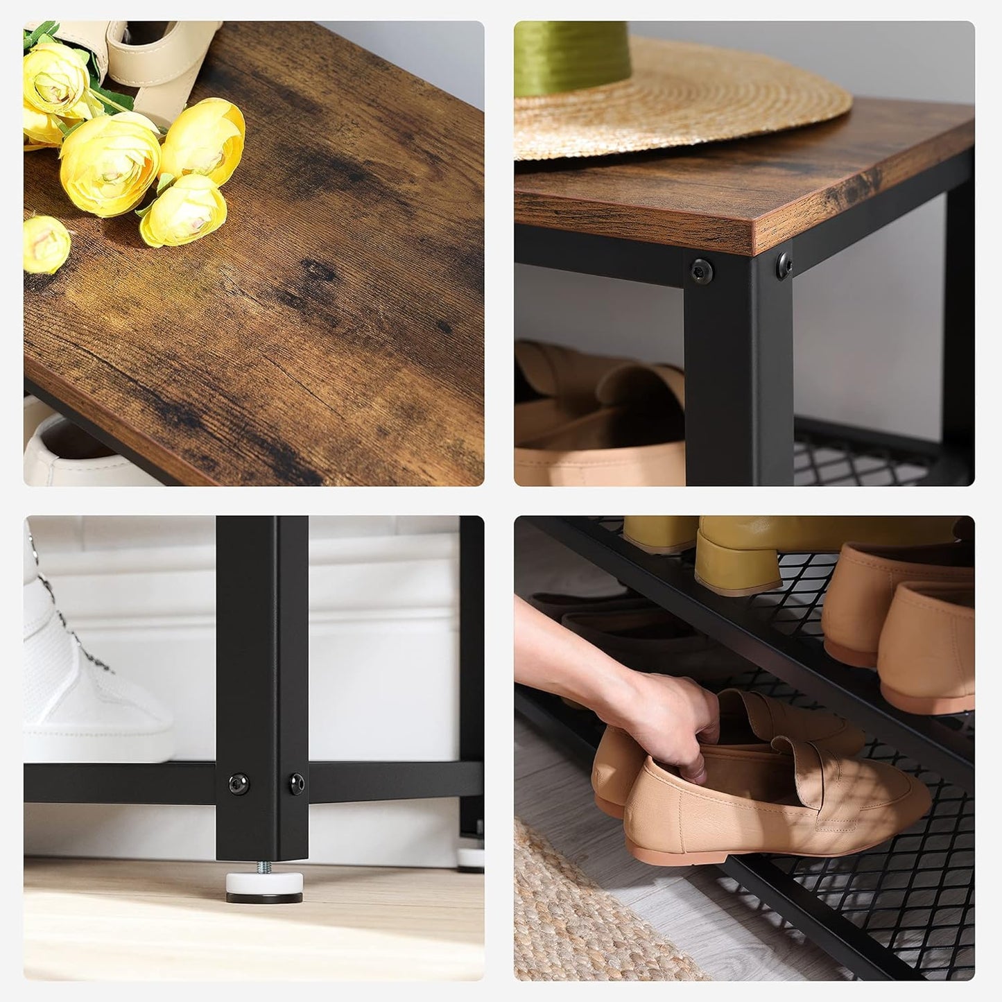 Wandgarderobe mit Schuhbank und Regal im Industrie-Design, 73B cm Vintagebraun + Schwarz