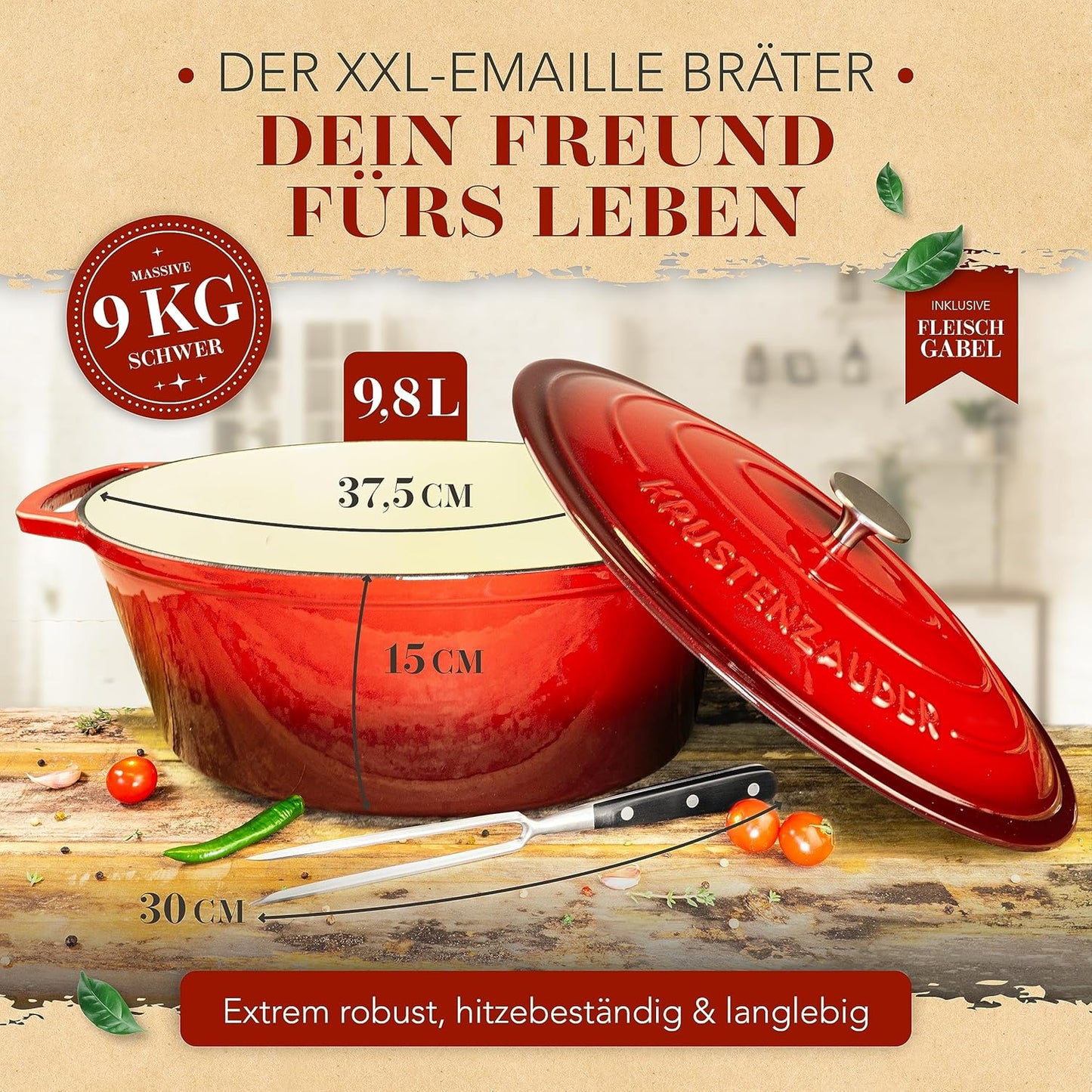 Gusseisen-Bräter mit Fleischgabel, 9.8 L