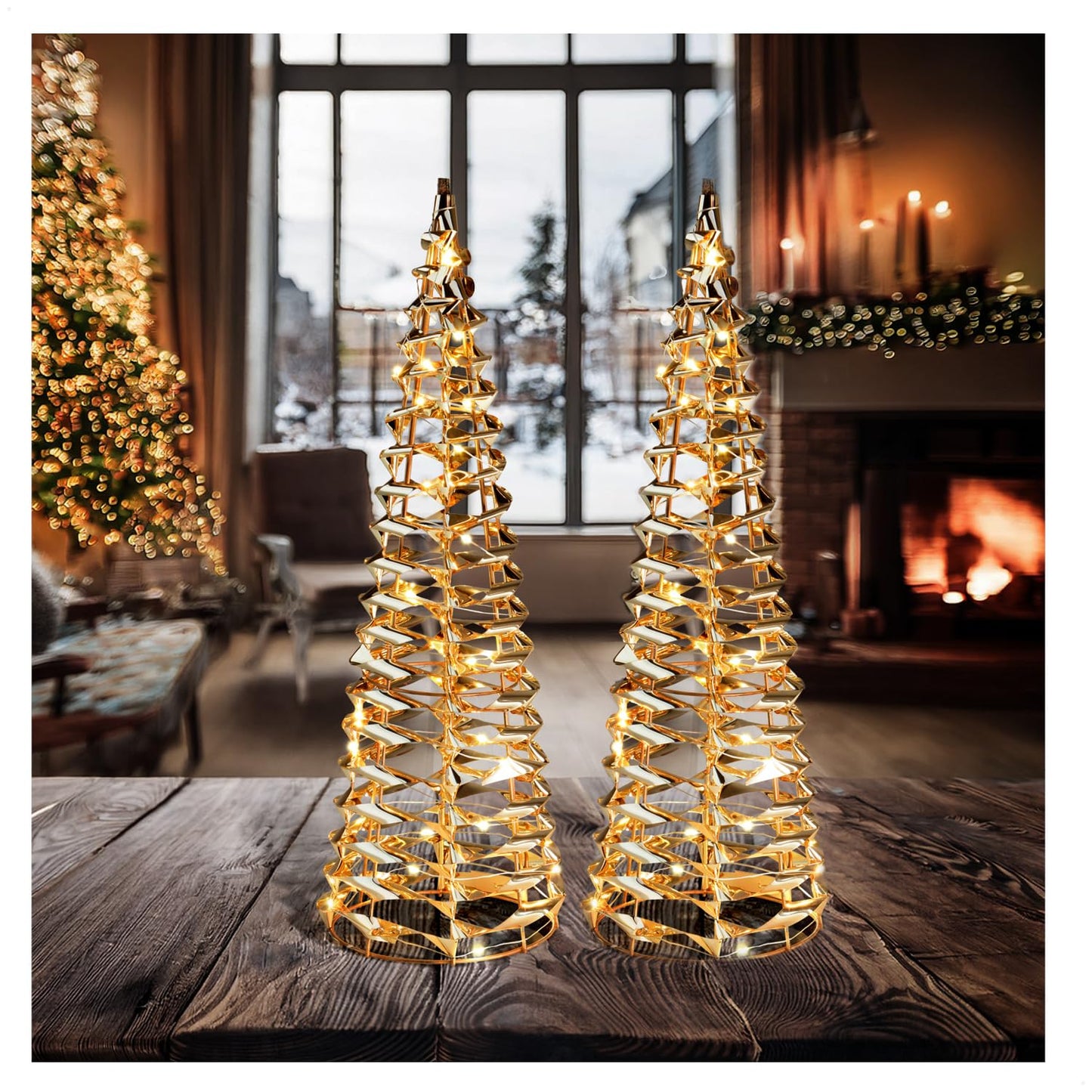 2er-Set LED-Deko-Pyramiden, 2 Stück - Goldfarben - Kegel 40cm