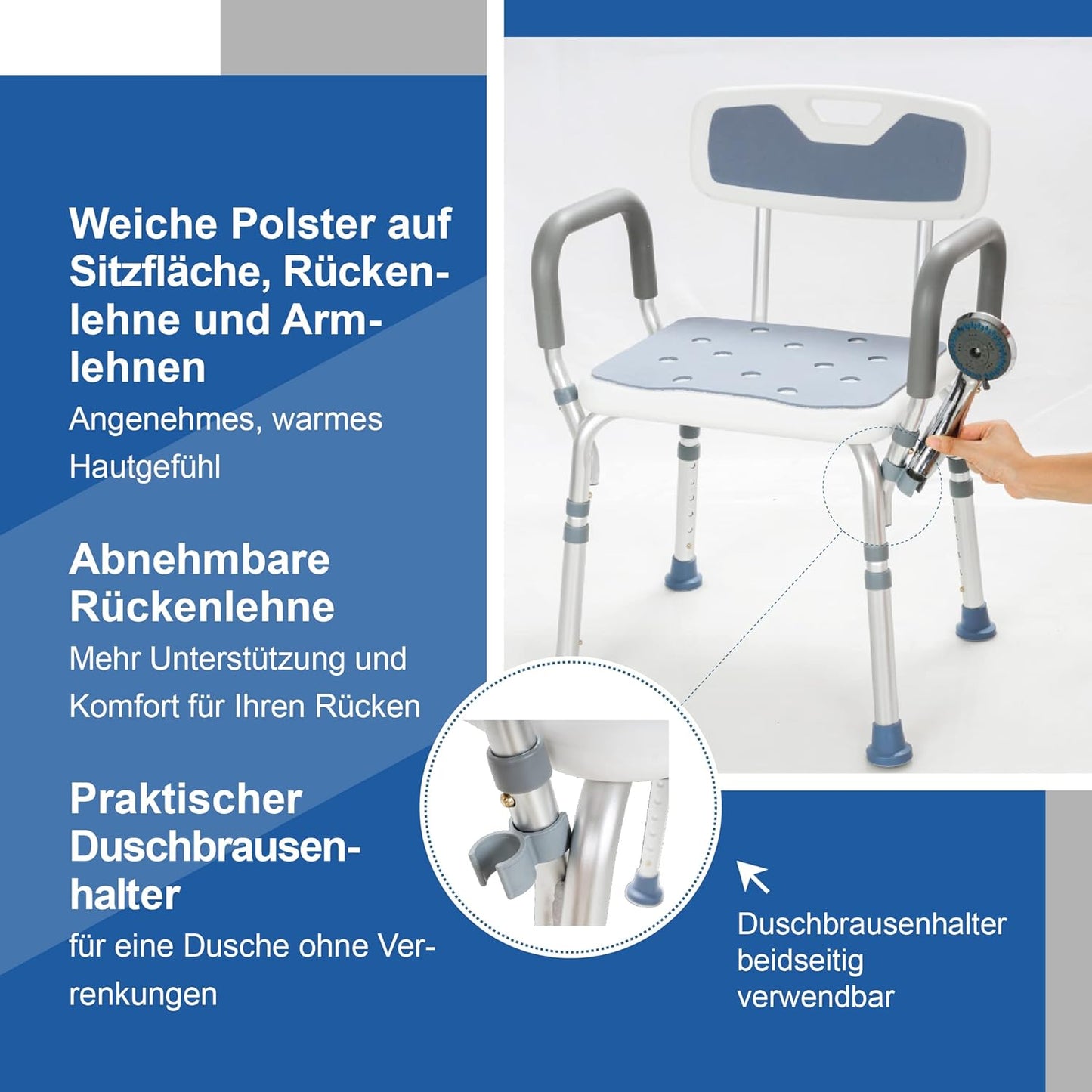 Höhenverstellbarer Duschsitz mit Rückenlehne, Komfort Plus