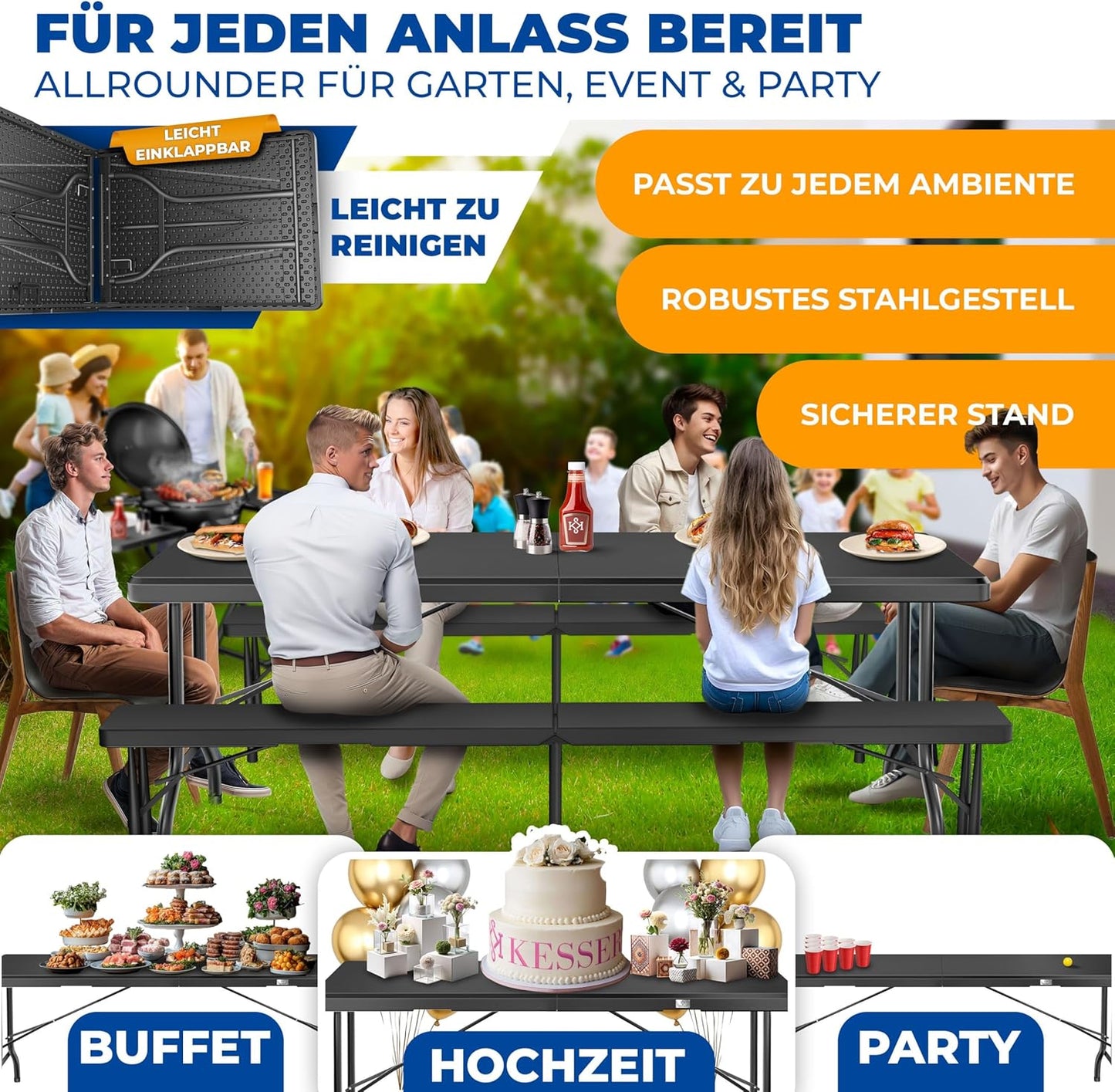 Klappbarer Buffettisch, Anthrazit 220 Cm