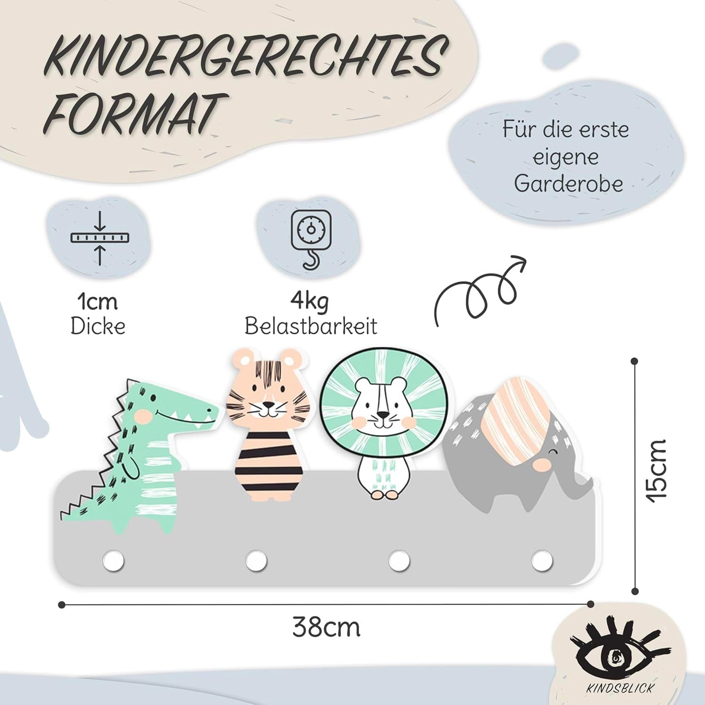 Kindergarderobe mit 4 Haken und A4 Poster, Junglefreunde Grau