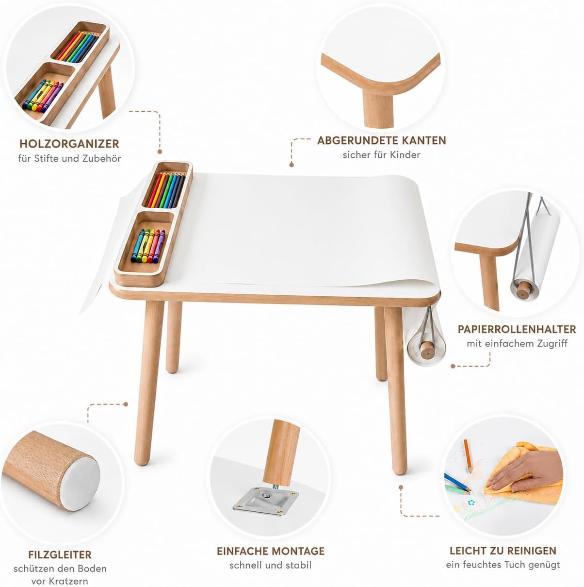 Kindertisch mit Papierrolle & Organizer, Weiss Holz 50 x 60 x 47 cm