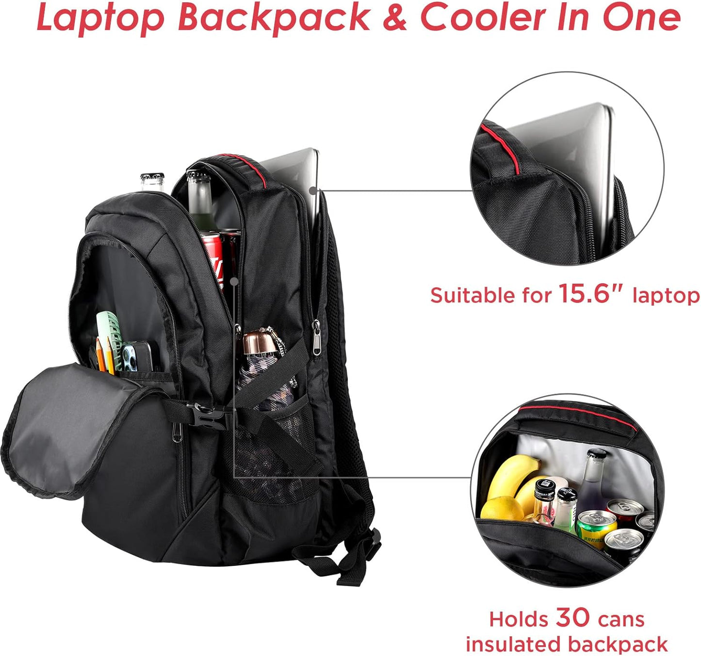 Rucksack mit Kühltasche, Schwarz,22L