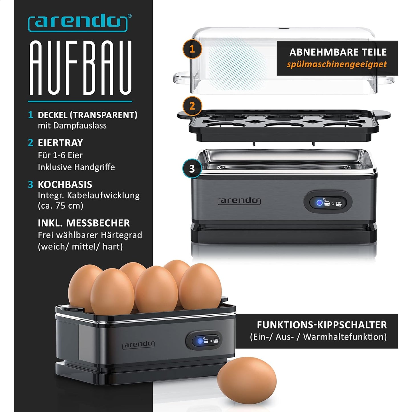 Eierkocher Sixcook mit Warmhaltefunktion, B: Cool Grey