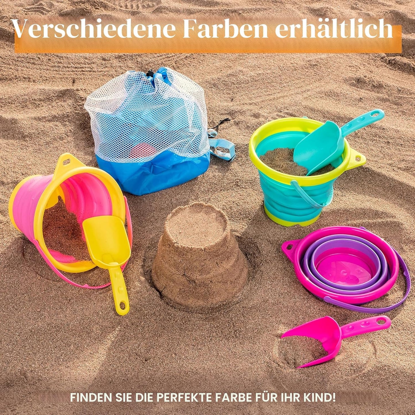 Faltbare Sandspielzeug Eimer mit Netz-Rucksack, 3 Stück, Pink