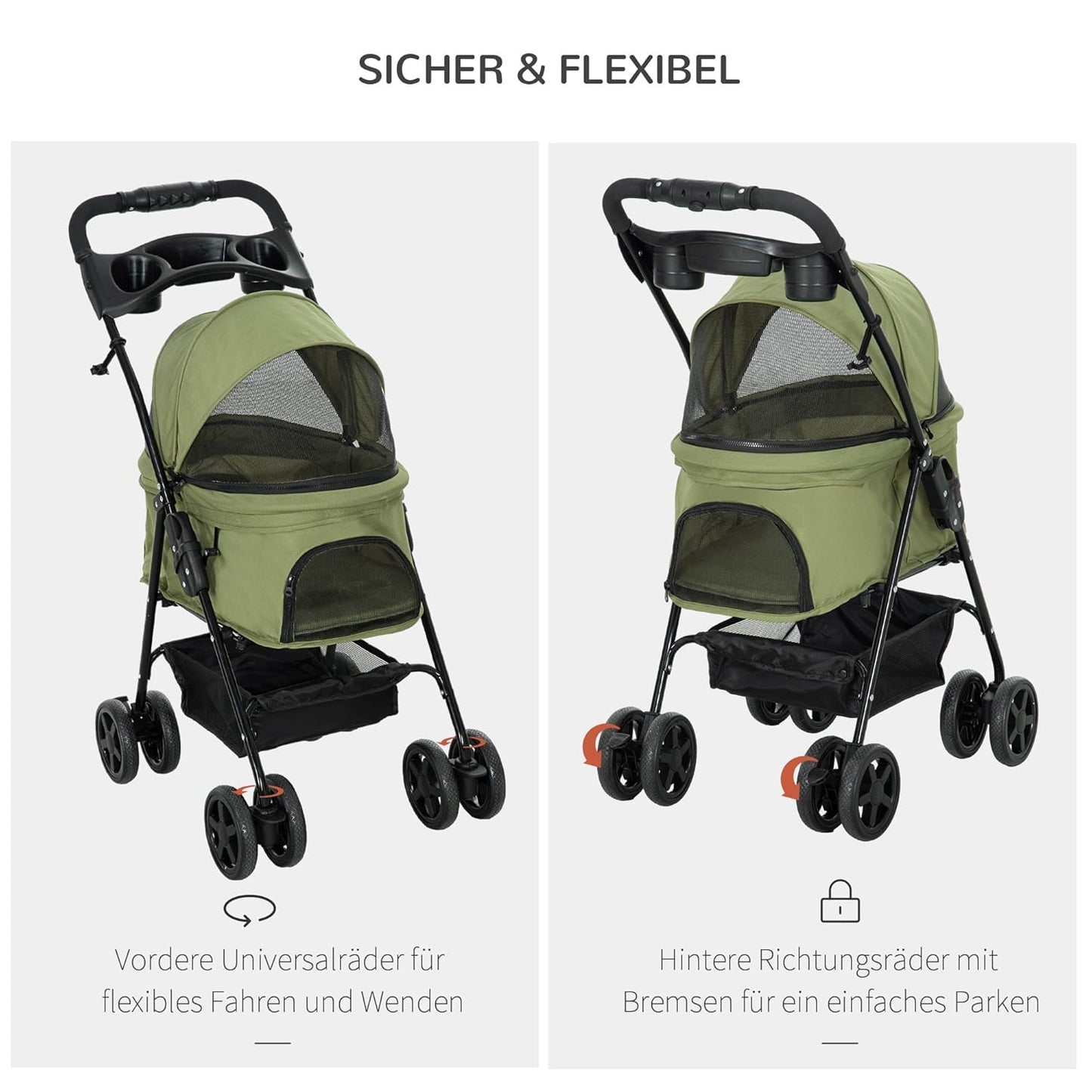 Hundebuggy mit Klappfunktion für kleine Haustiere, Dunkelgrün
