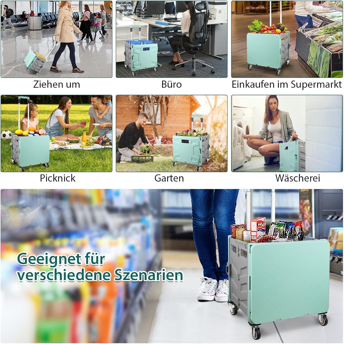 Klappbarer Einkaufstrolley, Grün Grau