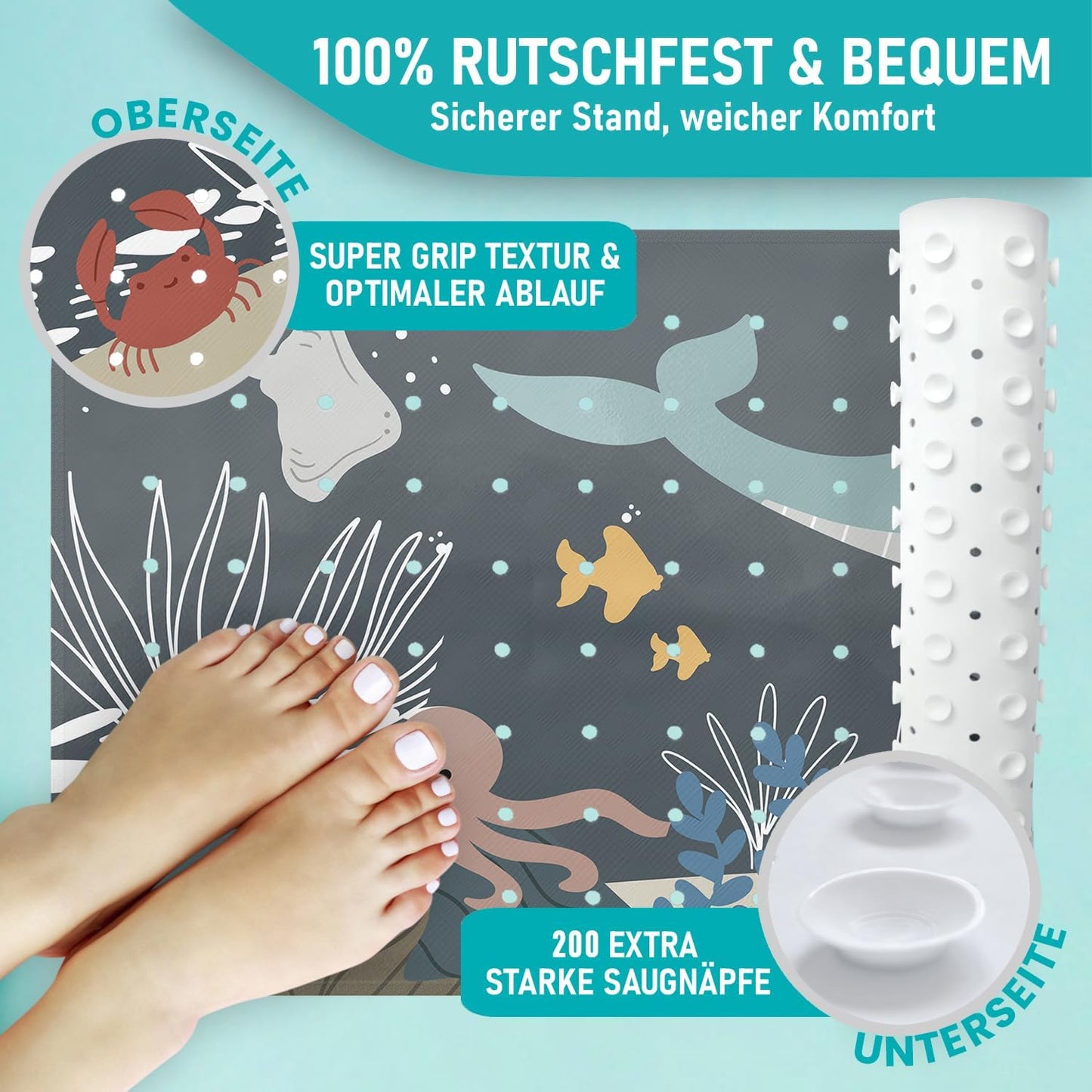 Rutschfeste Badewannenmatte, 100x40 cm, Badewannenmatte Wasserwelt Dunkelgrau