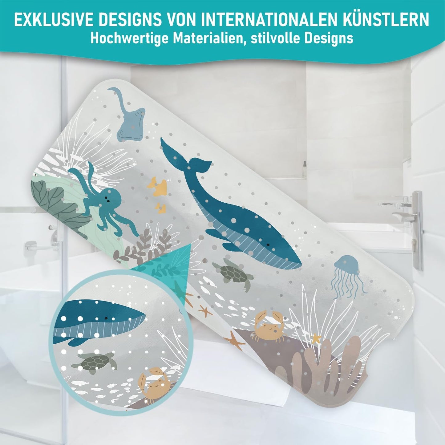 Rutschfeste Badewannenmatte, 100x40 cm, Badewannenmatte Wasserwelt Grau