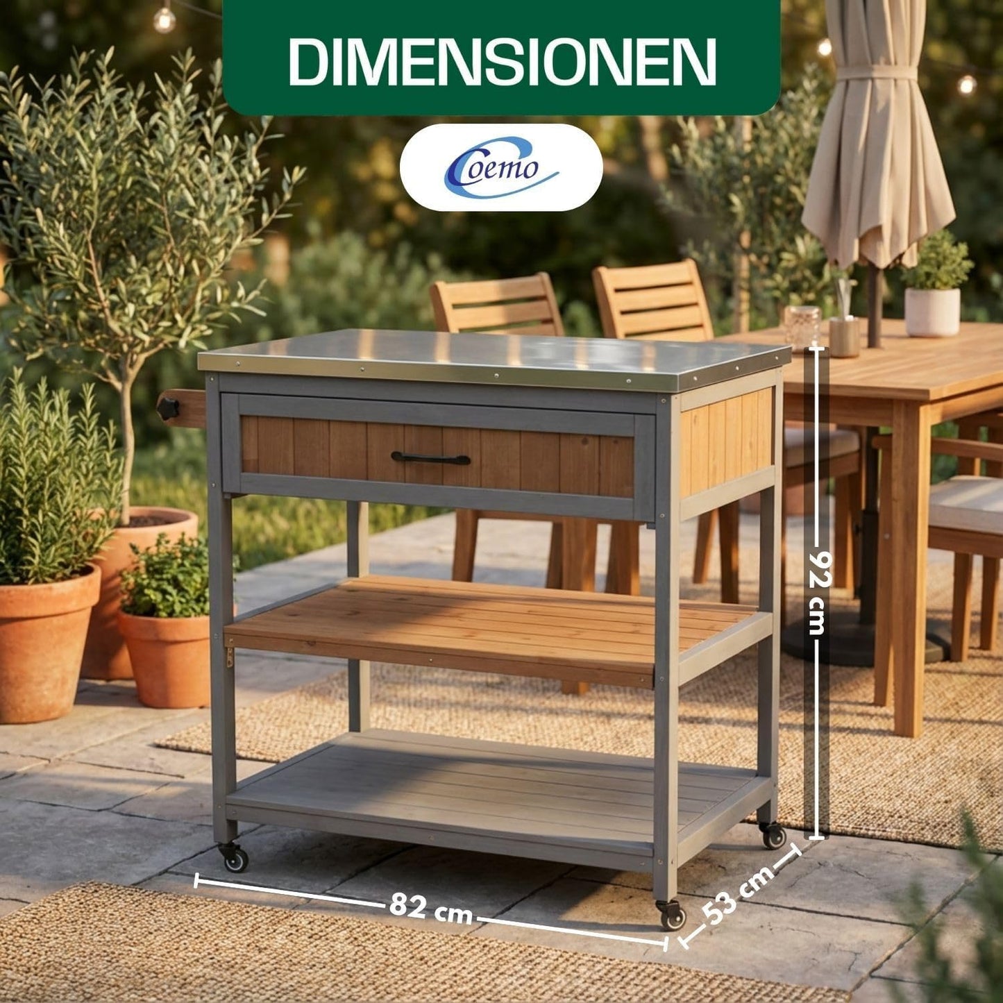Kücheninselwagen mit Edelstahloberfläche, 82 x 53 cm Grau