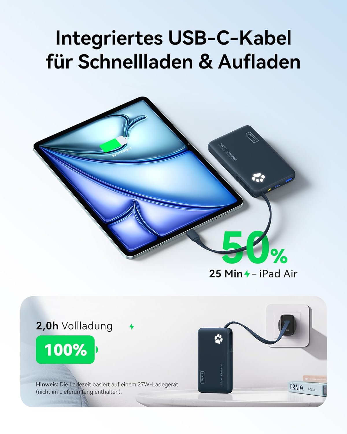 Powerbank P41L mit integriertem USB-C Kabel, Blau
