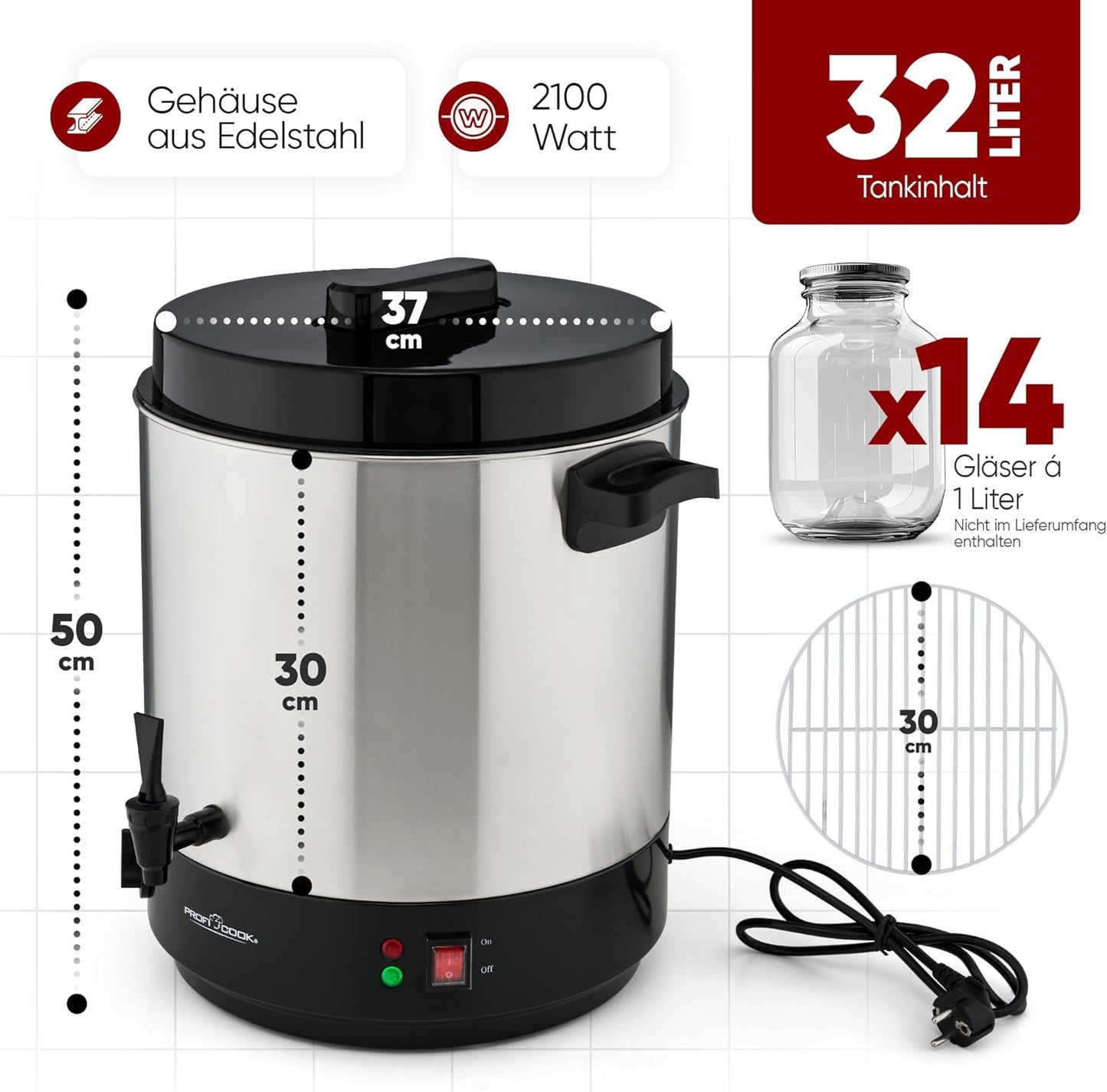 2in1 Heissgetränke- & Einkochautomat mit Ablaufhahn, Schwarz-edelstahl 32l