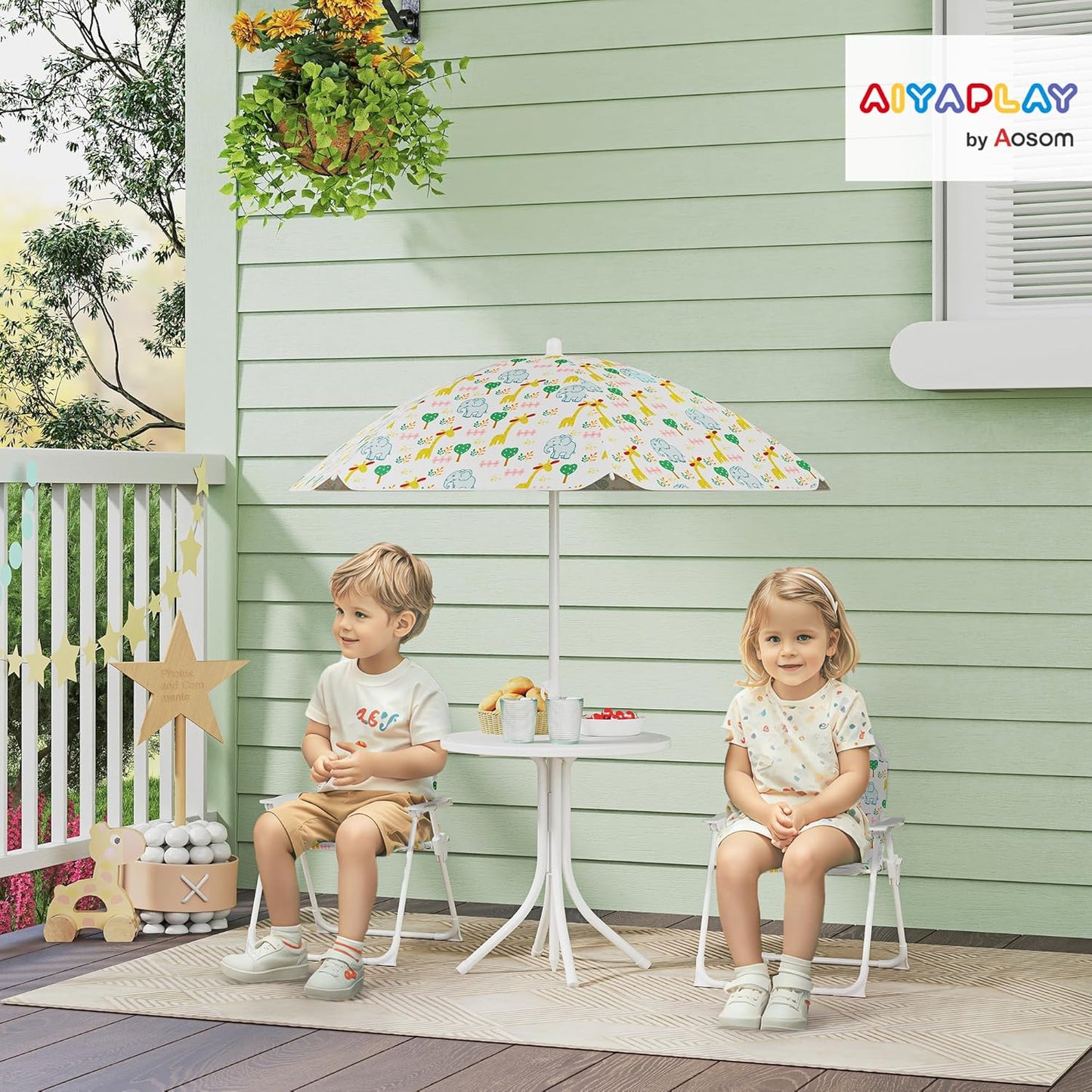 Garten-Kindersitzgruppe Stahl, Polyester Weiss, Weiss-elefanten- und Giraffenmuster