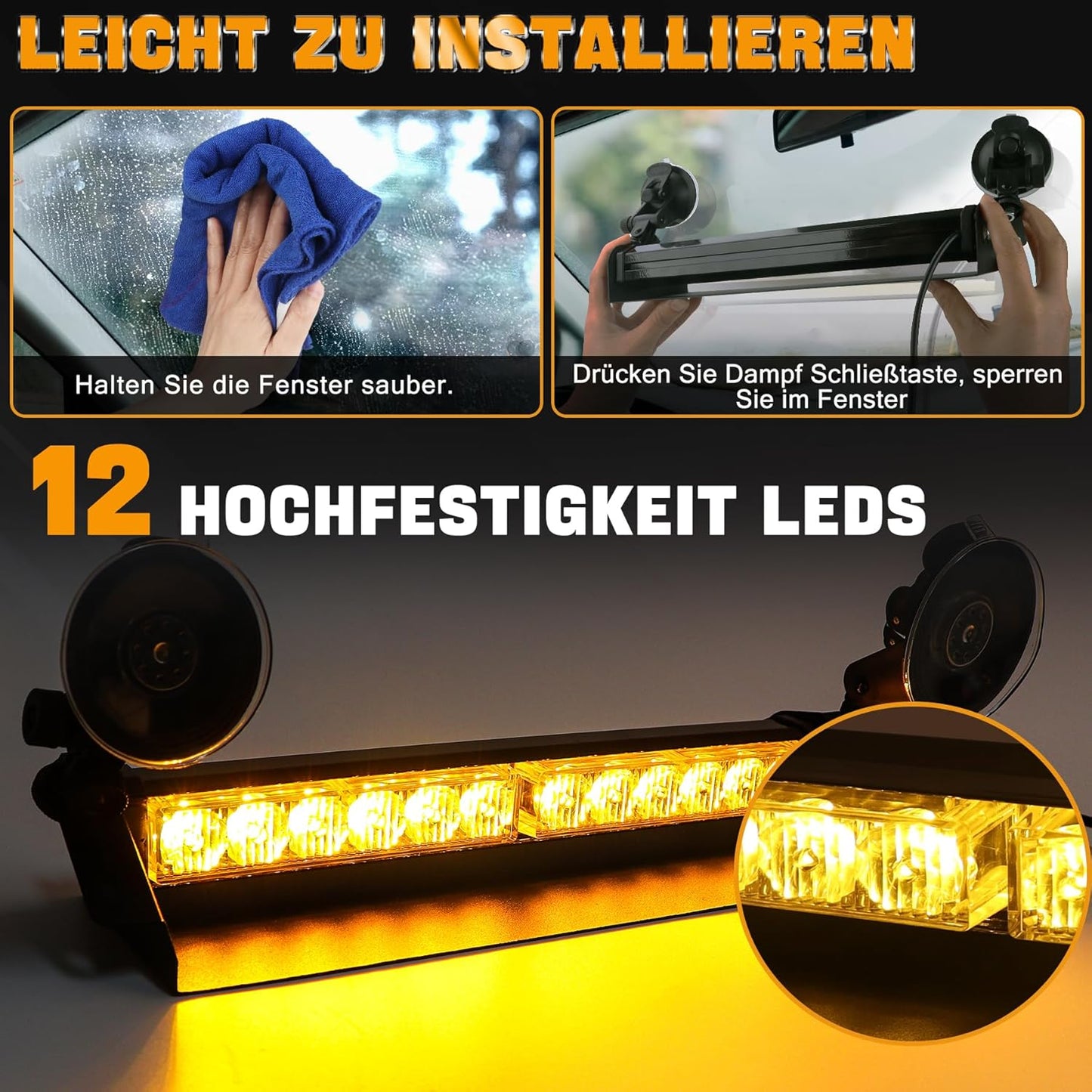 Frontblitzer Warnleuchte mit 9 Blinkmodi, Gelb