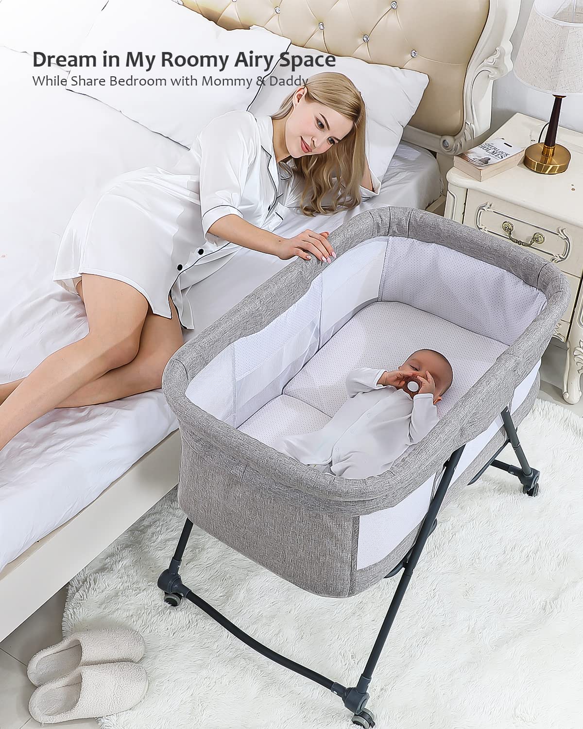 Faltbares Beistellbett Bravo Basic mit Matratze & Rädern, Grau