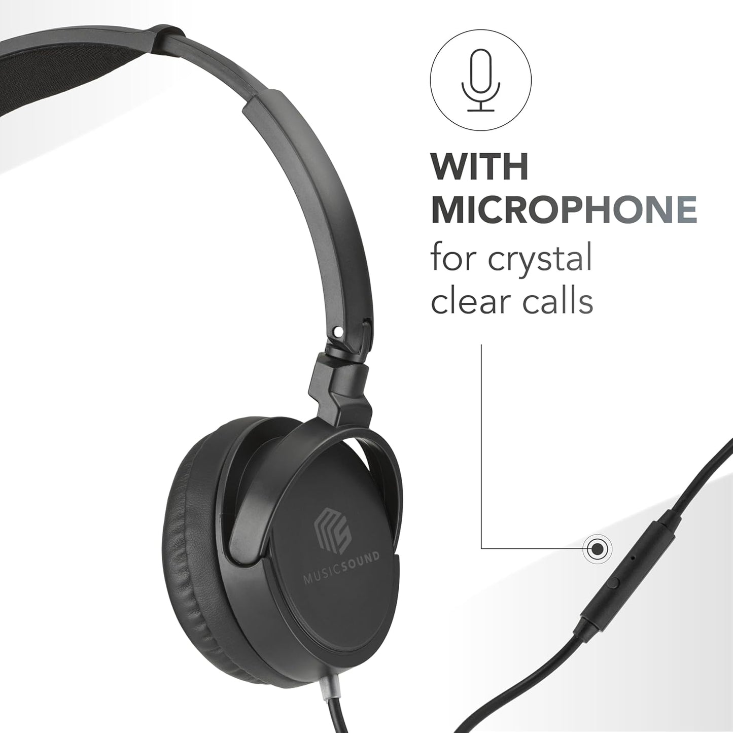 Faltbarer Bügelkopfhörer mit Kabel und Mikrofon, Jack 3.5mm Schwarz