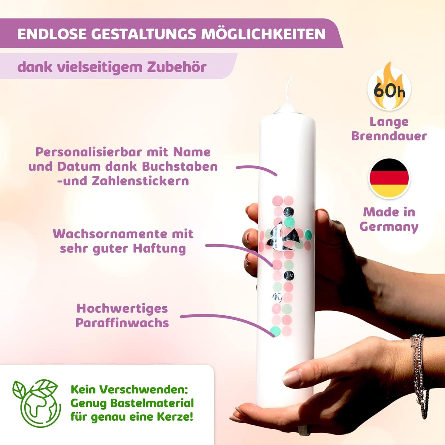Kerzen-Rohling Set zur individuellen Gestaltung, Rosa mit Taube Kerze 40x4 cm | Creme