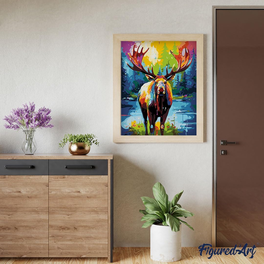 Malen Nach Zahlen Set Elch, Elch Farbenfroh Abstrakt 40x50cm Mit Keilrahmen (nicht gespannt)