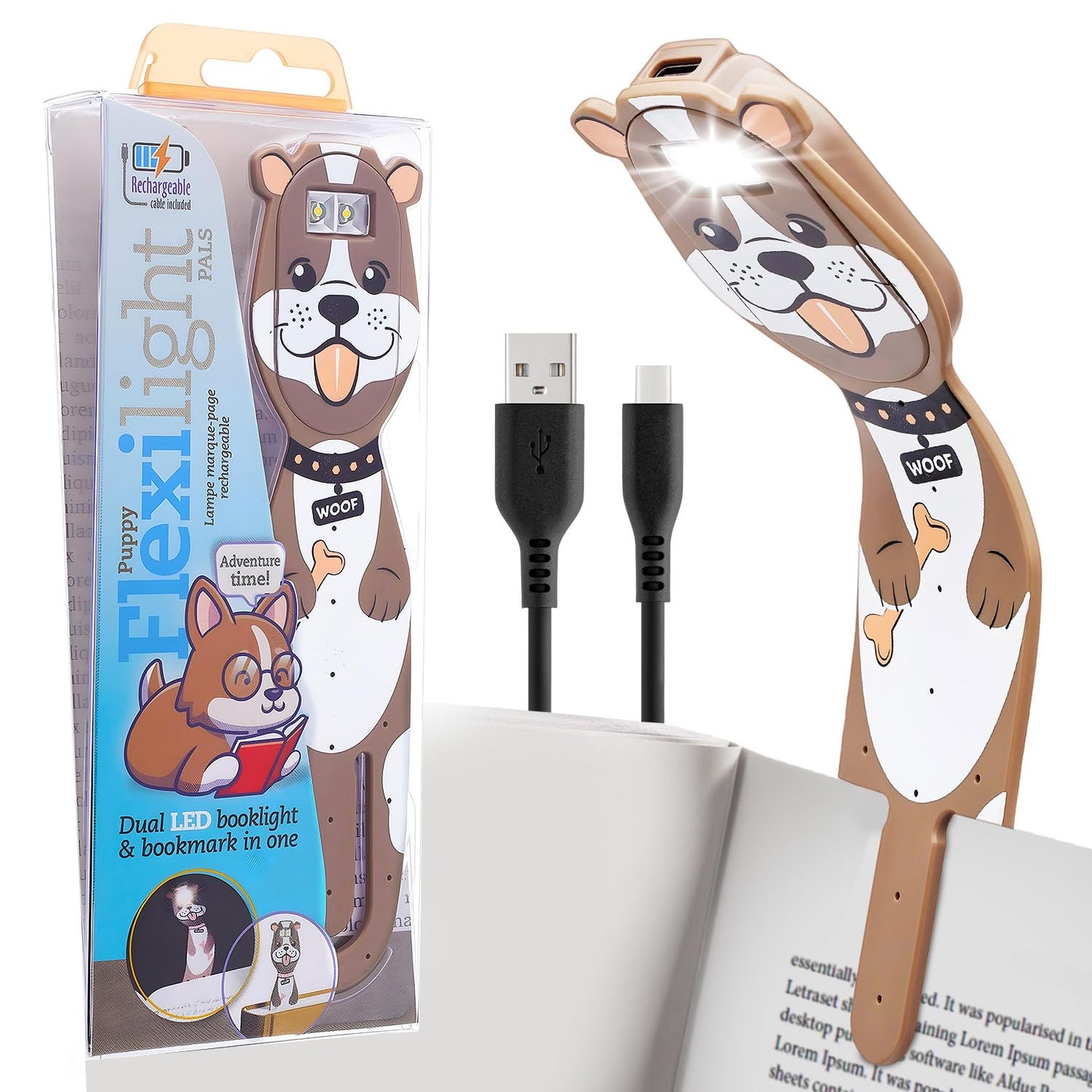 Flexilight 2-in-1 Clip On Leselampe & Lesezeichen, wiederaufladbar, Hund
