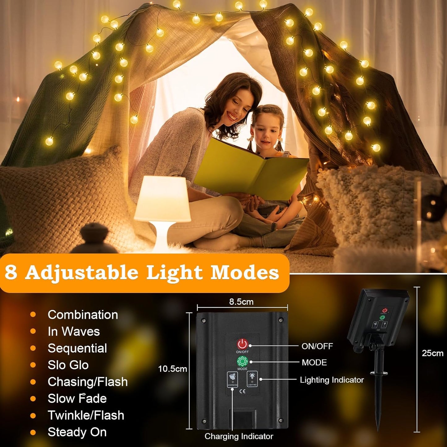 Wetterfeste Solar-Lichterkette, Warmweiss 200LED 24+3M