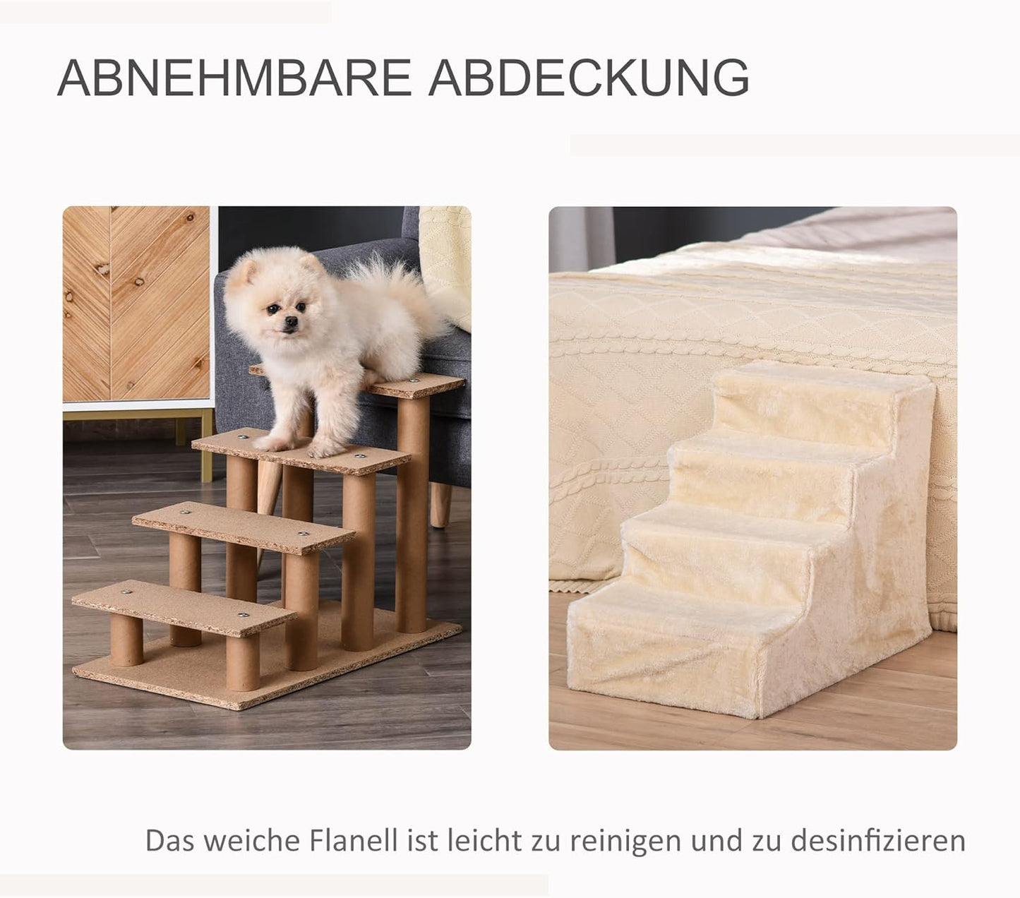 Haustiertreppe mit abnehmbarem Bezug, Beige 60L x 35B x 44H cm