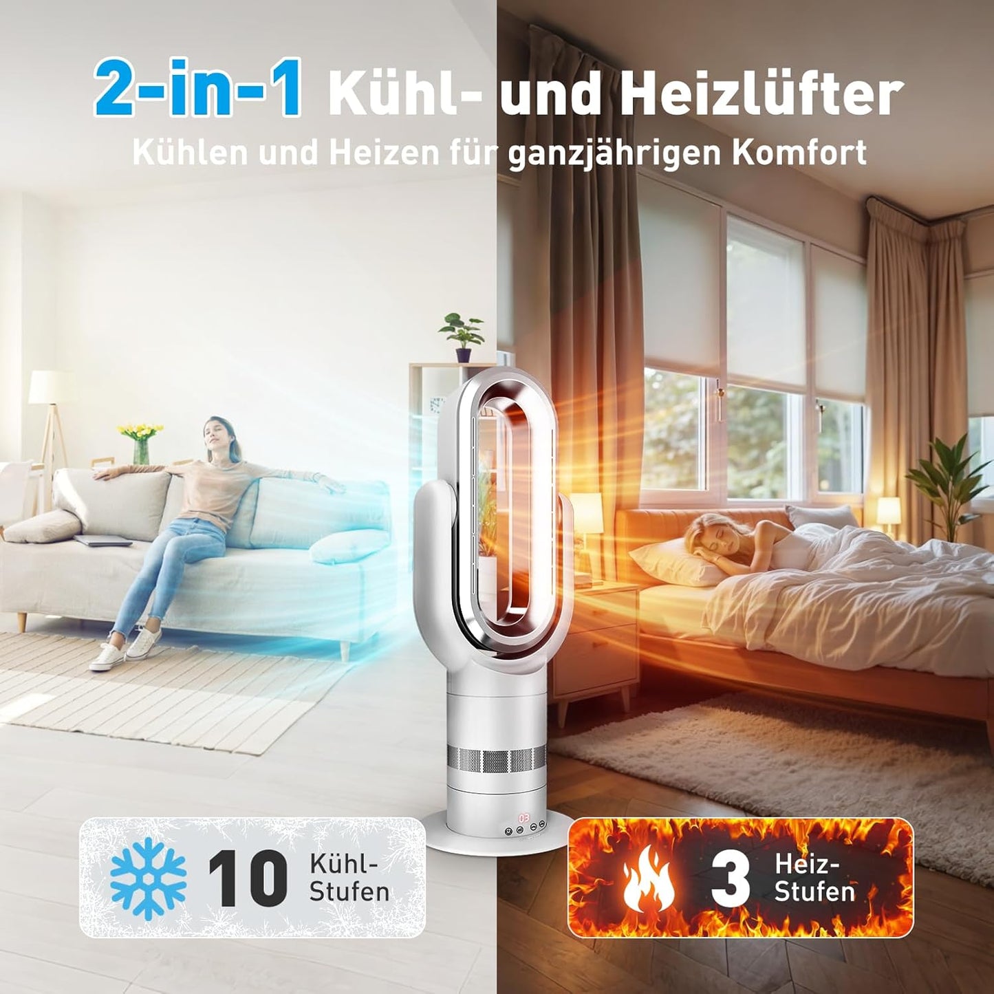 2-in-1 Bladeless Turmventilator & Heizgerät QG660, QG660: Heizen, Kühlen