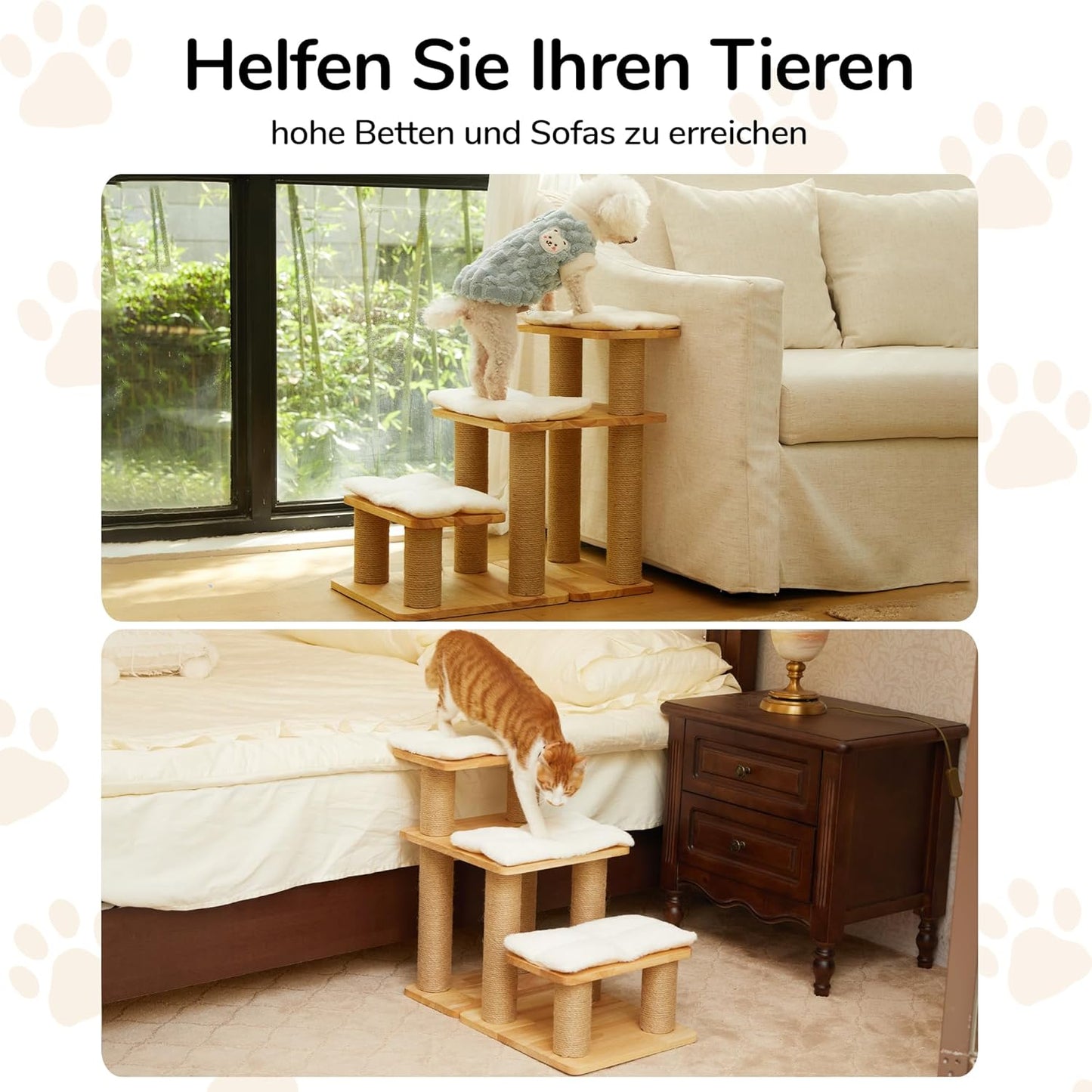 Haustiertreppe mit 3 Stufen, bis 90 kg belastbar, Gummiholz - Weiss Plüschkissen