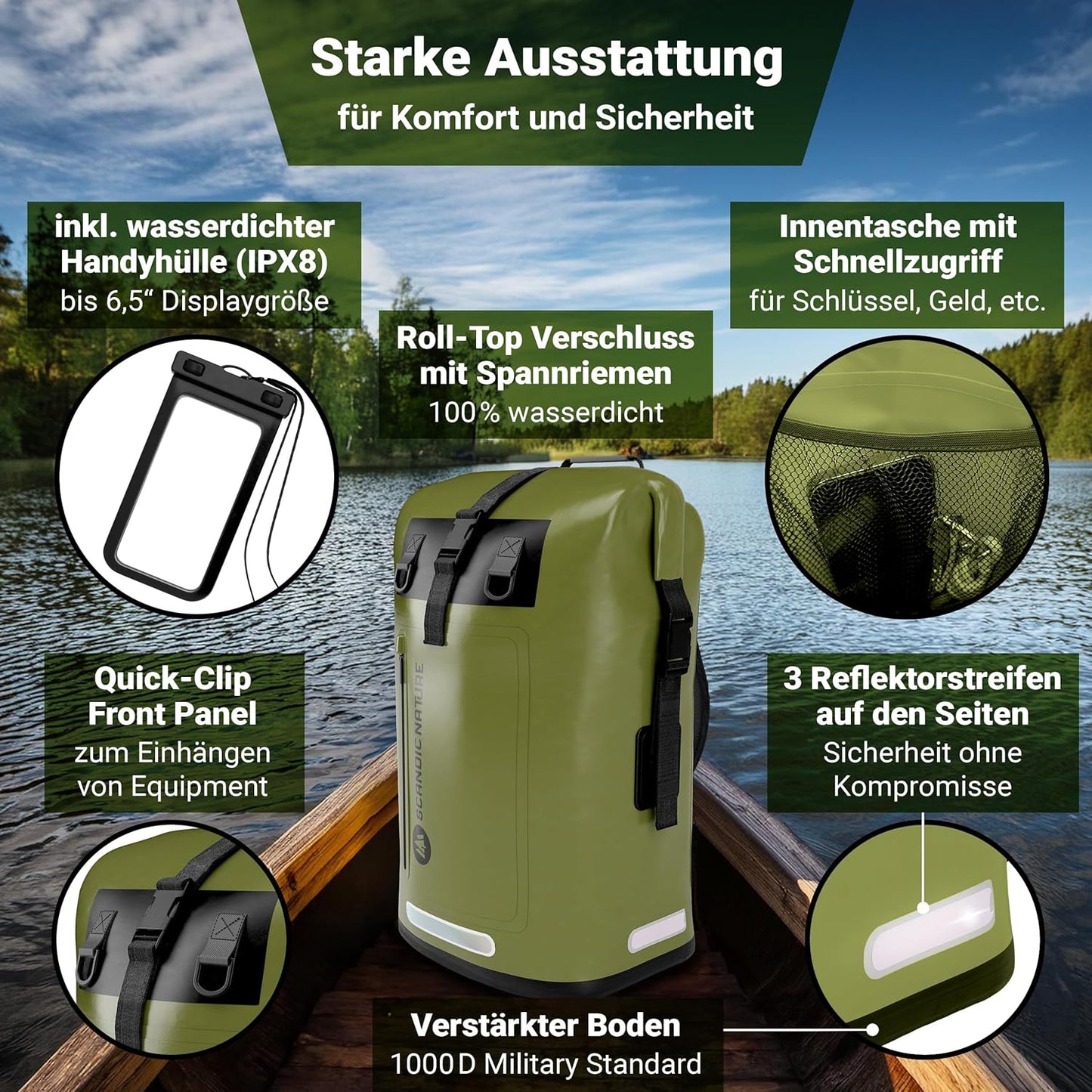 Wasserdichter Rucksack mit Rolltop-Verschluss und Handyhülle, Oliv-grün 35 Liter