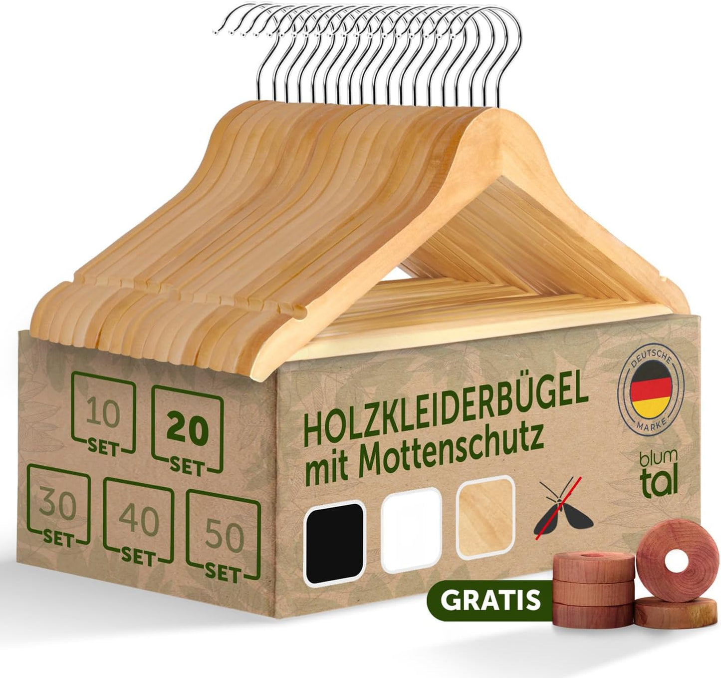 20er-Set Kleiderbügel mit Zedernholz-Ringe, 20er Set Natur