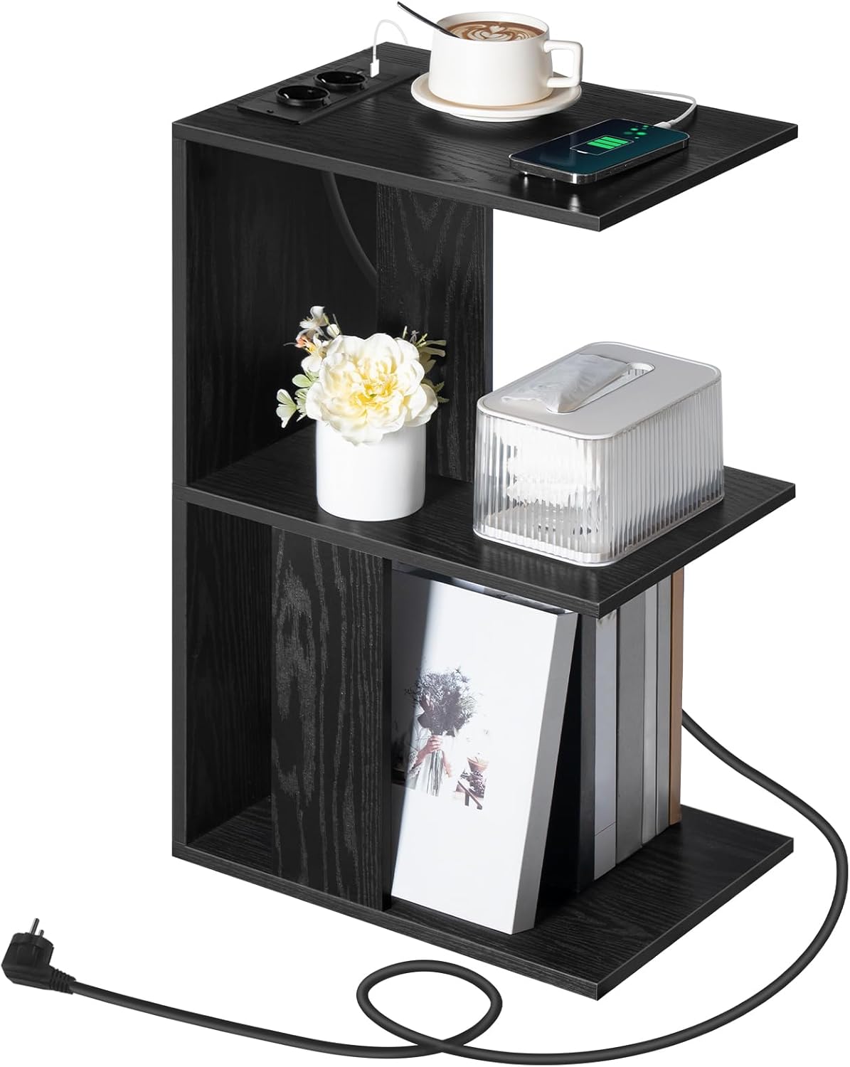 C-förmiger Couchtisch mit Ladestation, Schwarz