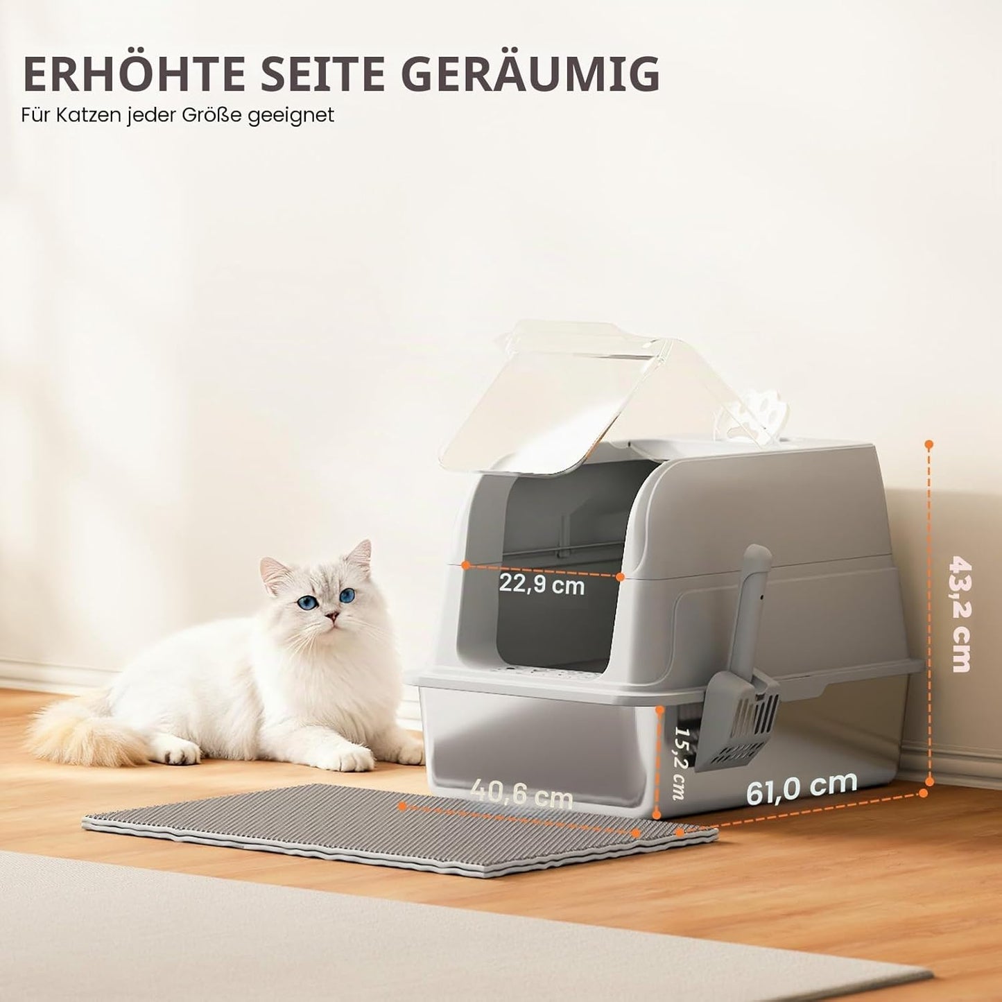 Edelstahl Katzenklo mit Hohem Rand und Klappdeckel, A-Grau XXL-Vollständig aufklappbarer Deckel